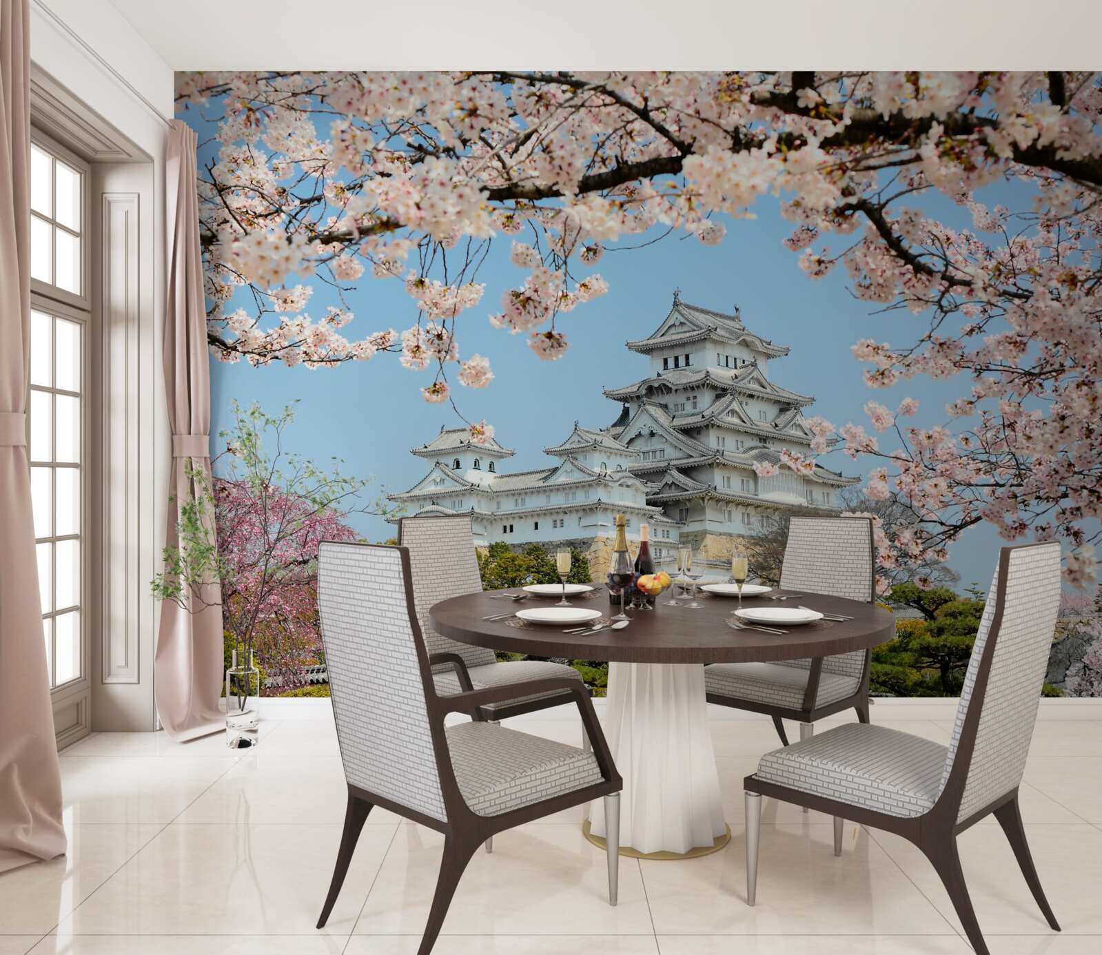 Fototapet casă japoneză antică cu sakura roz în floare
