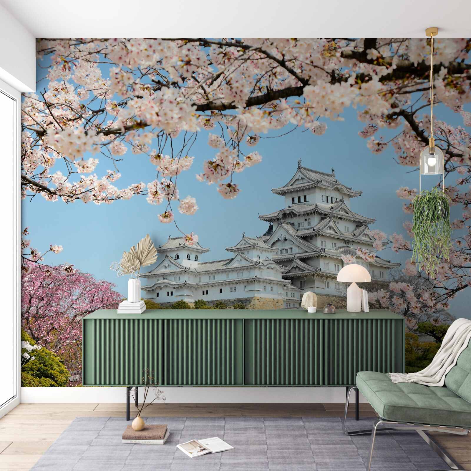 Fototapet casă japoneză antică cu sakura roz în floare