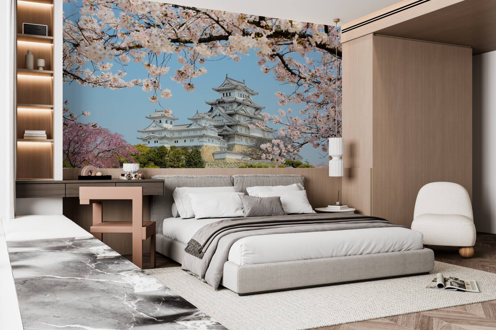 Fototapet casă japoneză antică cu sakura roz în floare