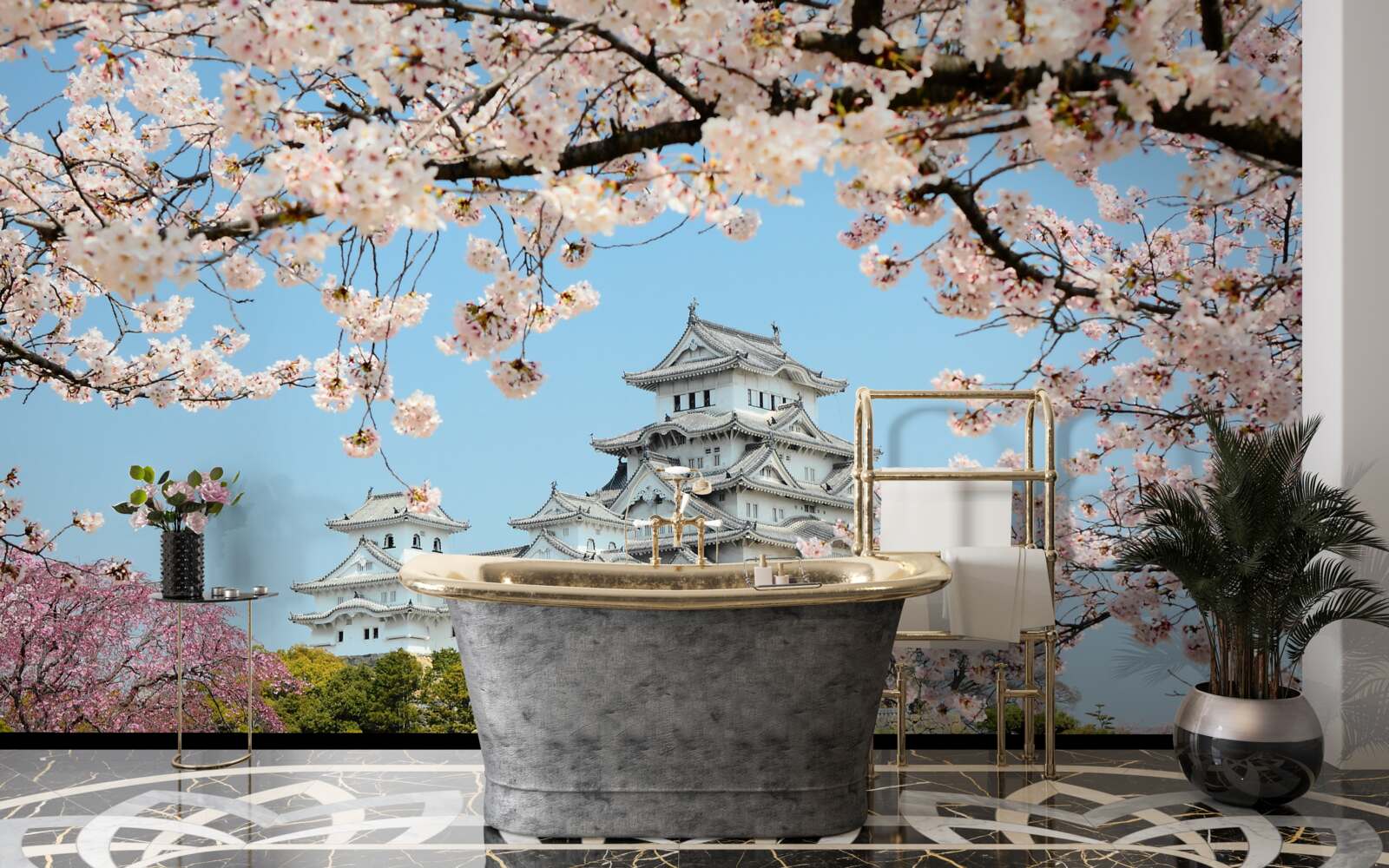 Fototapet casă japoneză antică cu sakura roz în floare