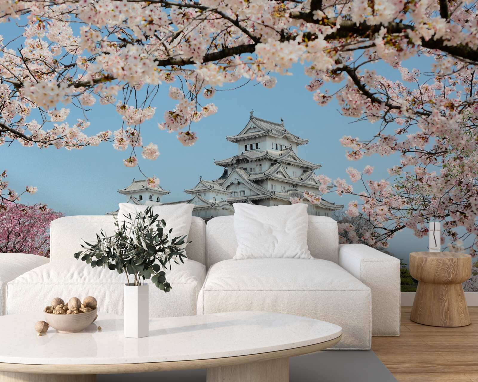 Fototapet casă japoneză antică cu sakura roz în floare