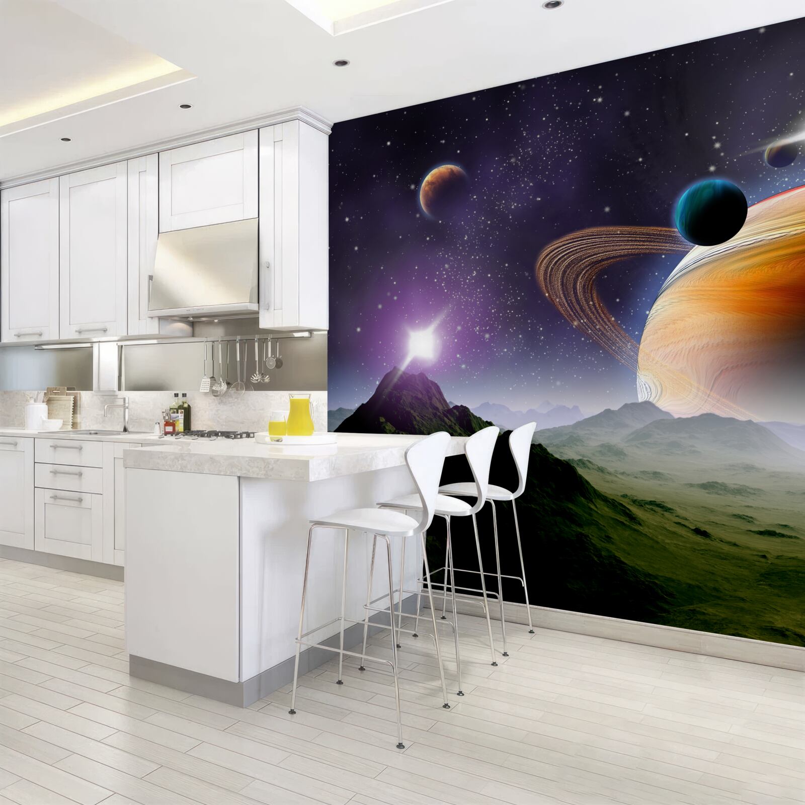 Fototapet imagine abstractă de planete și munți în spațiu
