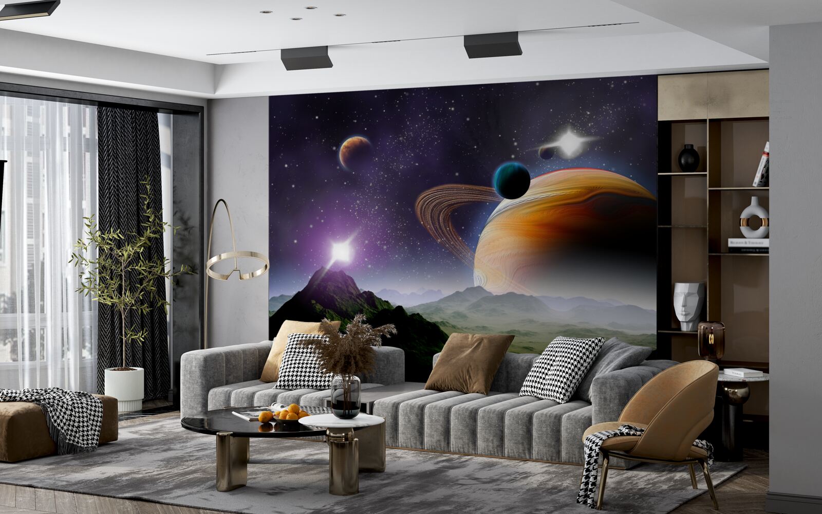 Fototapet imagine abstractă de planete și munți în spațiu