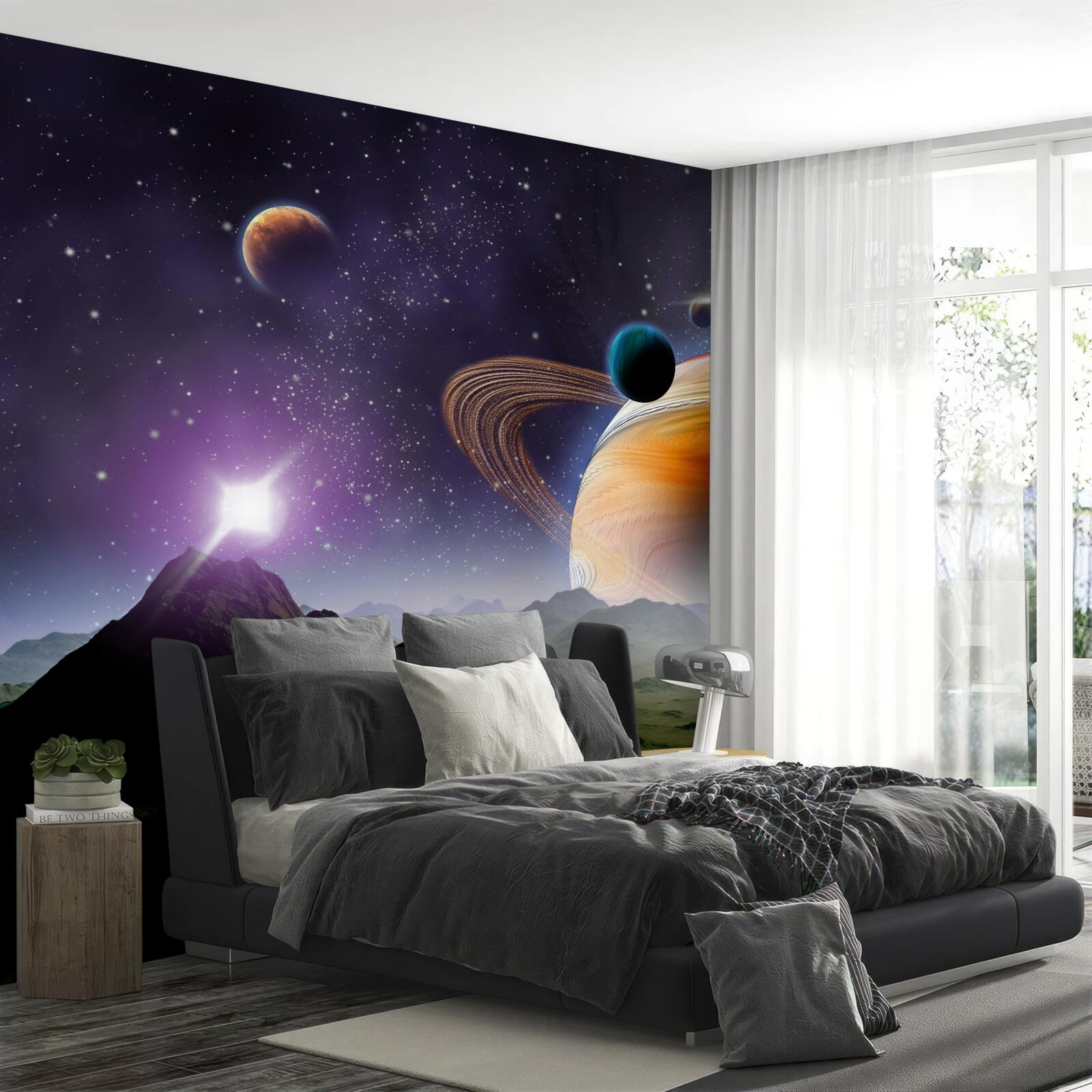 Fototapet imagine abstractă de planete și munți în spațiu