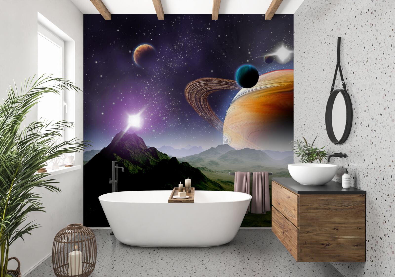 Fototapet imagine abstractă de planete și munți în spațiu