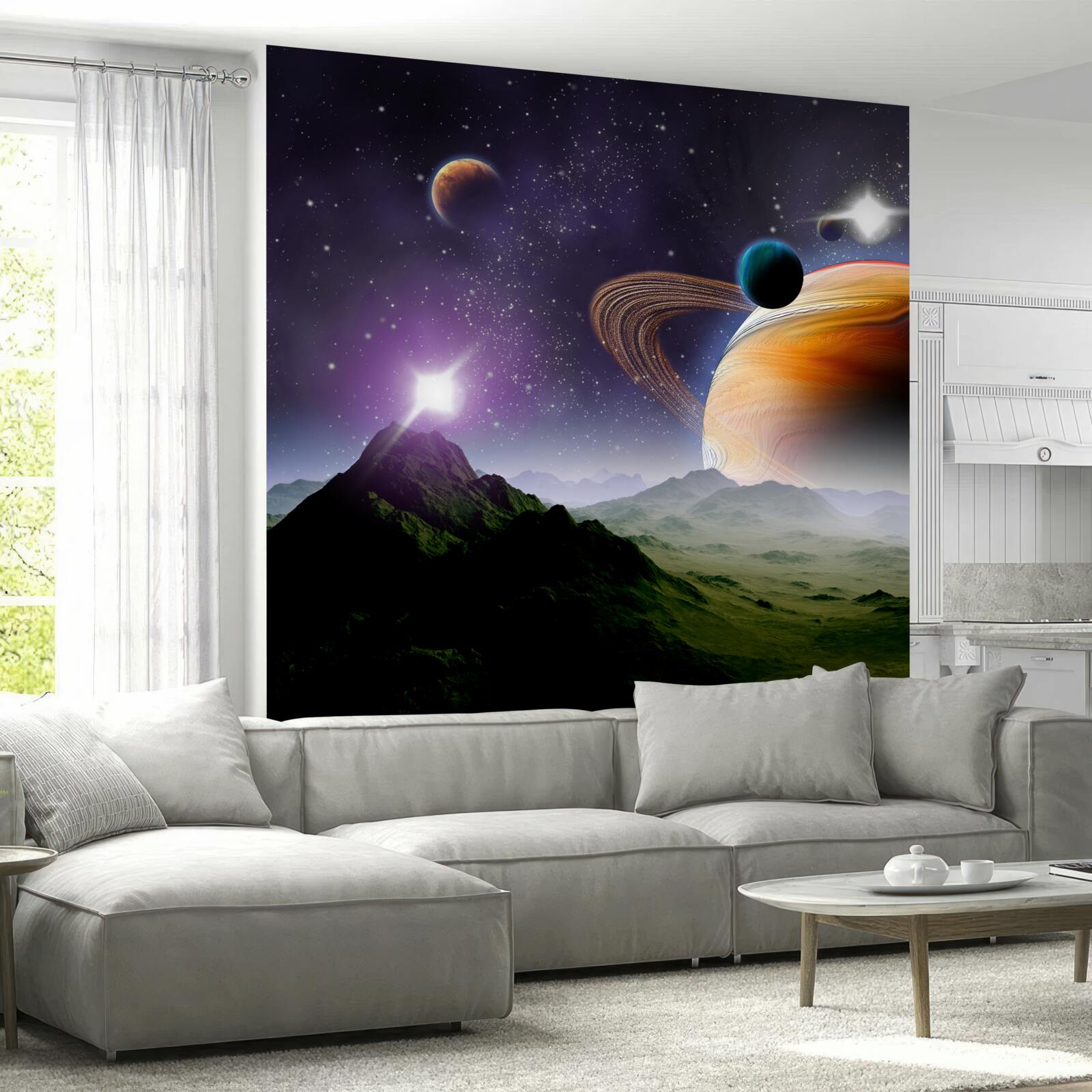 Fototapet imagine abstractă de planete și munți în spațiu