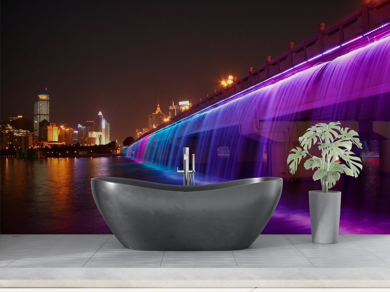 Fototapet iluminare luminescentă a apei lângă pod