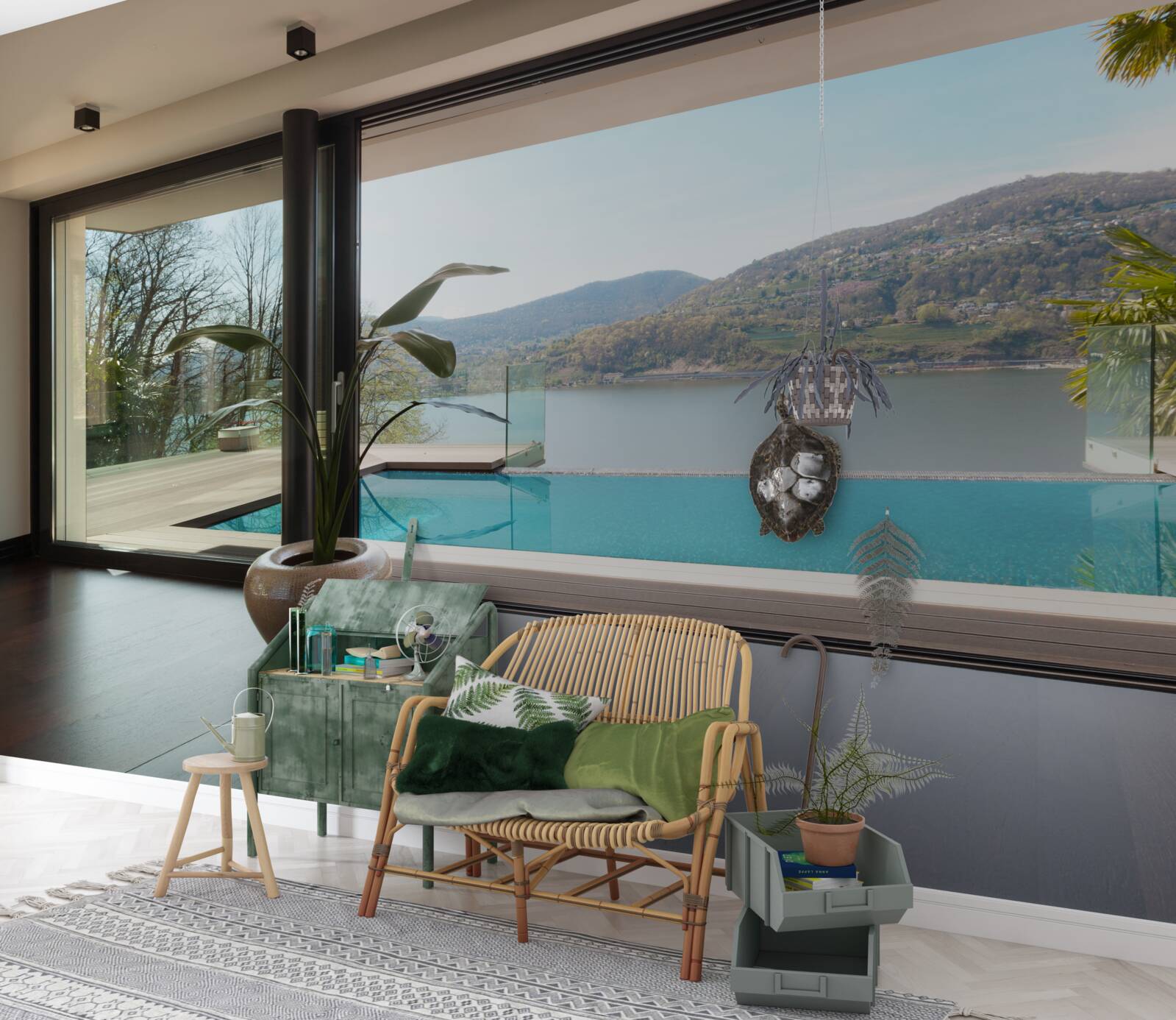 Fototapet piscină în aer liber cu vedere la munte
