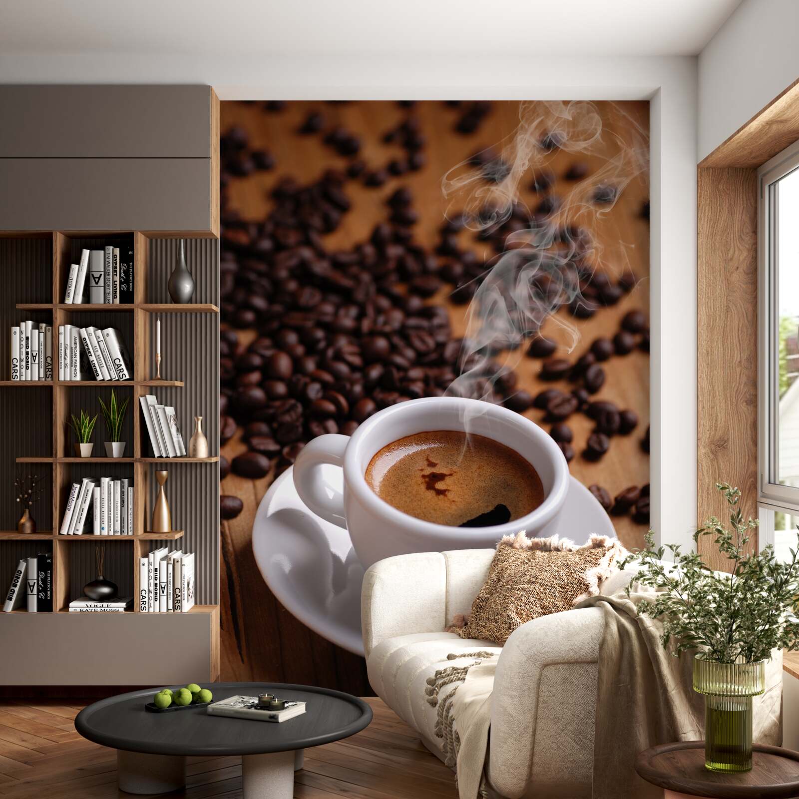 Fototapet ceașcă de cafea cu boabe care emană aromă