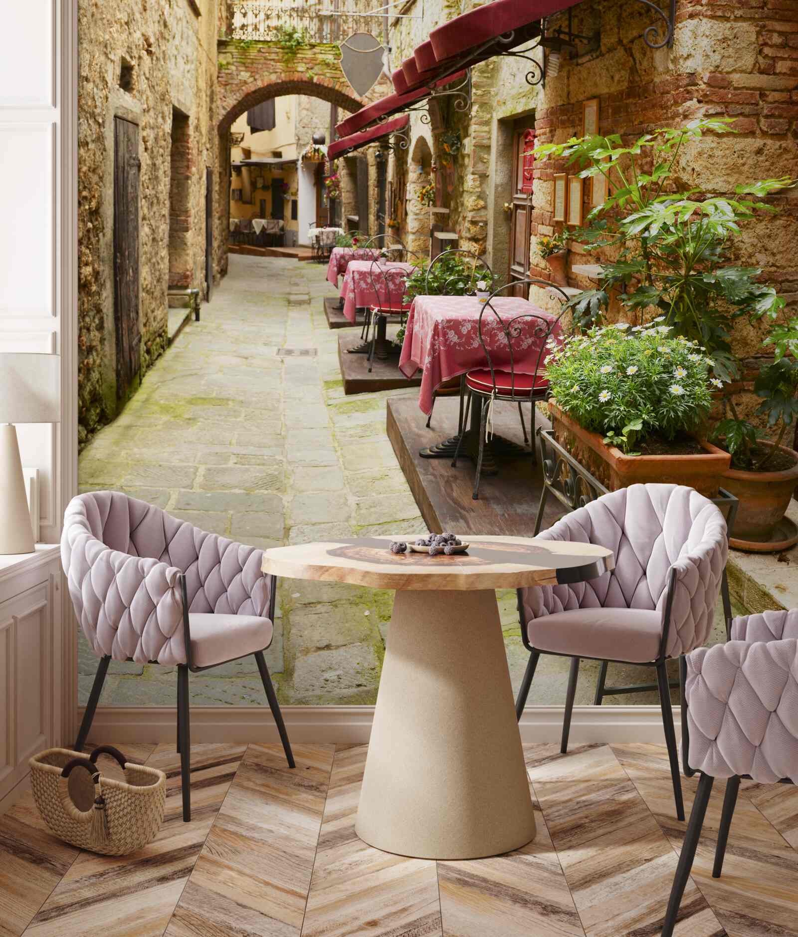 Fototapet cafenea cu o atmosferă confortabilă pe o stradă veche