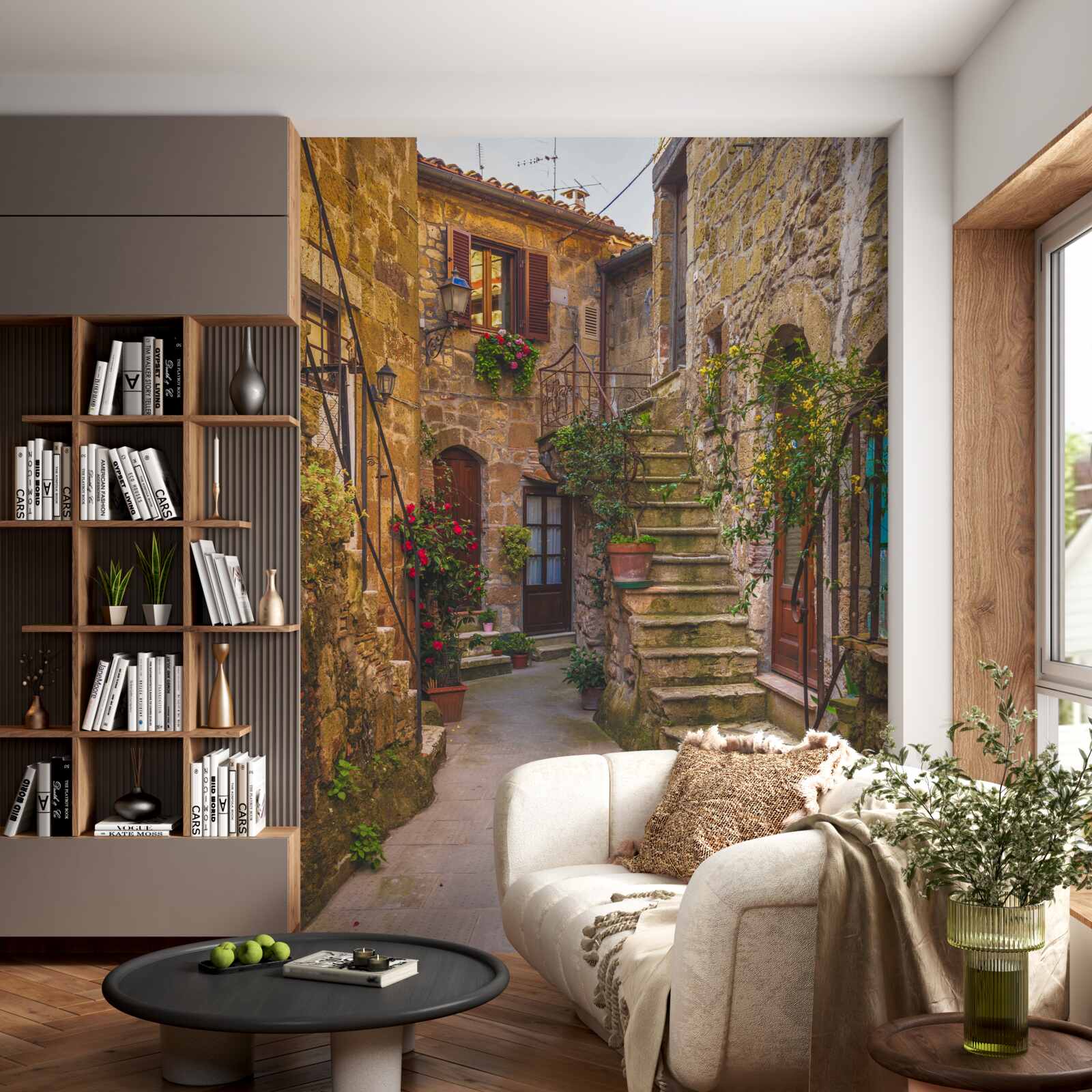 Fototapet scara decorată cu flori din curtea veche