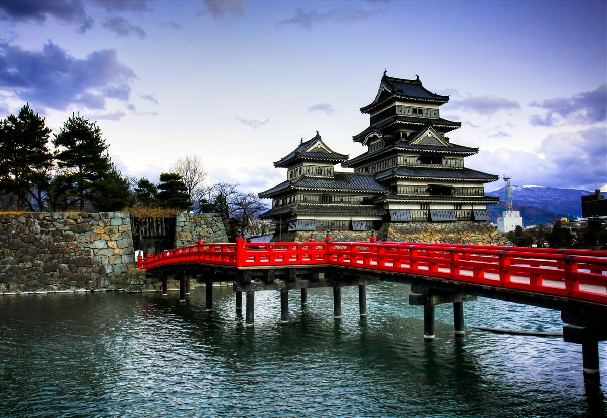 Fototapet în japonia, un pod roșu traversează un râu