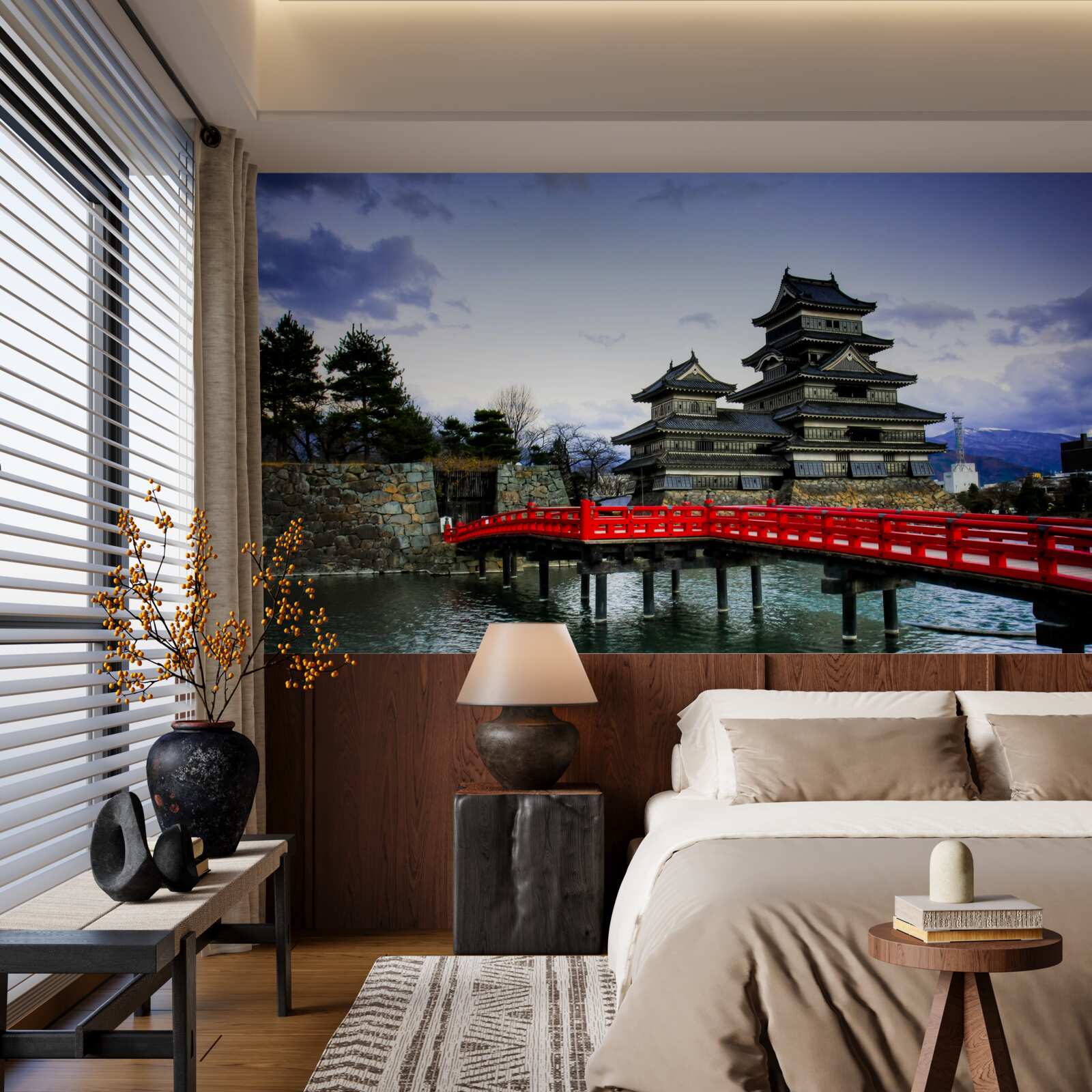 Fototapet în japonia, un pod roșu traversează un râu