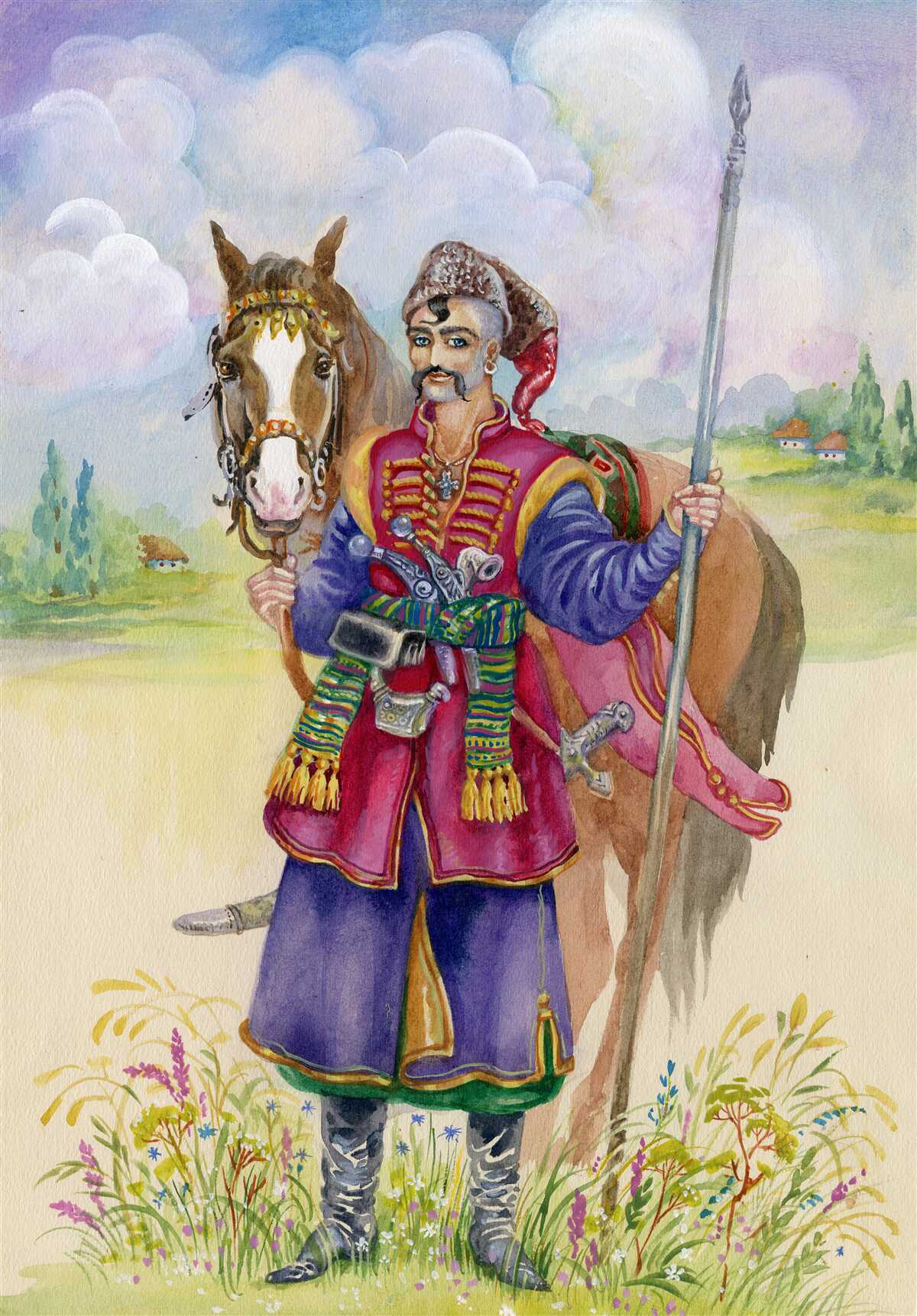 Fototapet tânăr cazac din stepă cu calul său