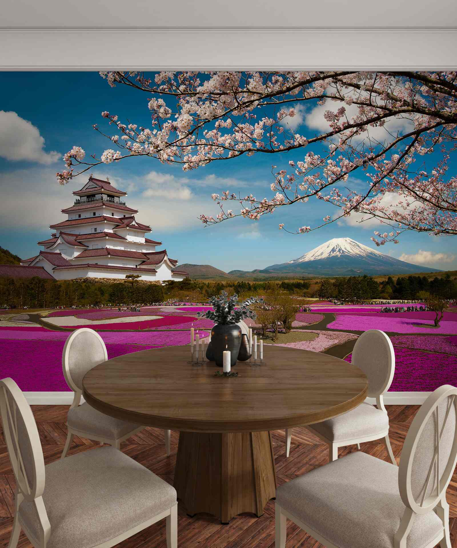 Fototapet lângă casa japoneză există grădini luxuriante de lalele