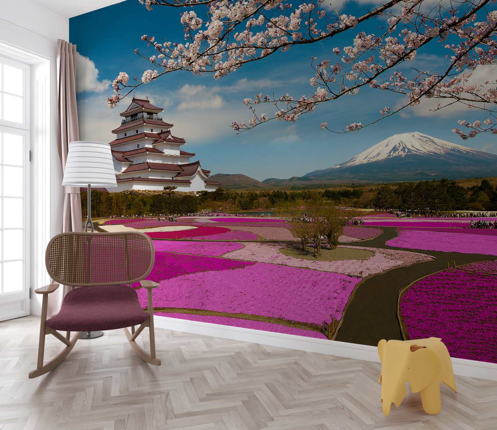 Fototapet lângă casa japoneză există grădini luxuriante de lalele