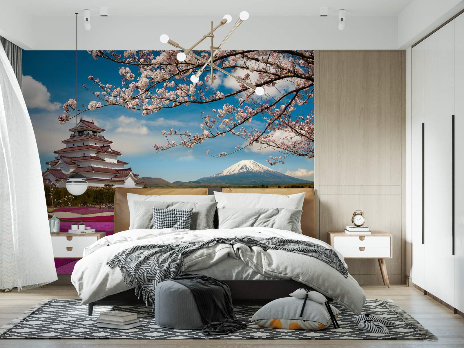 Fototapet lângă casa japoneză există grădini luxuriante de lalele