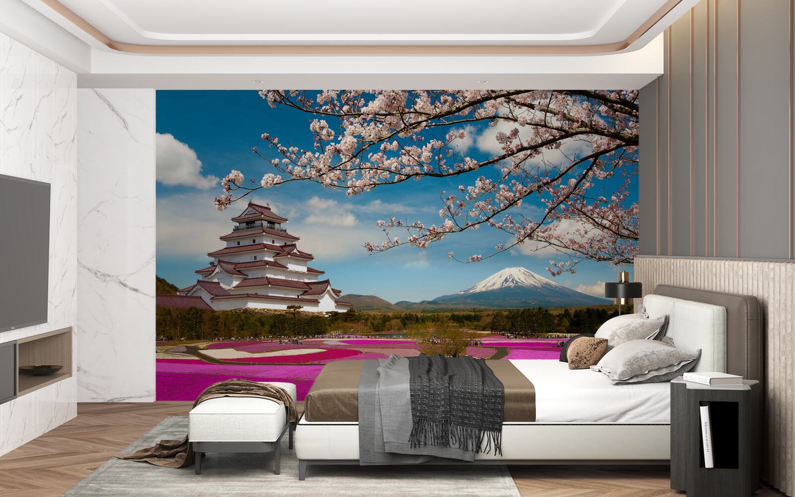 Fototapet lângă casa japoneză există grădini luxuriante de lalele