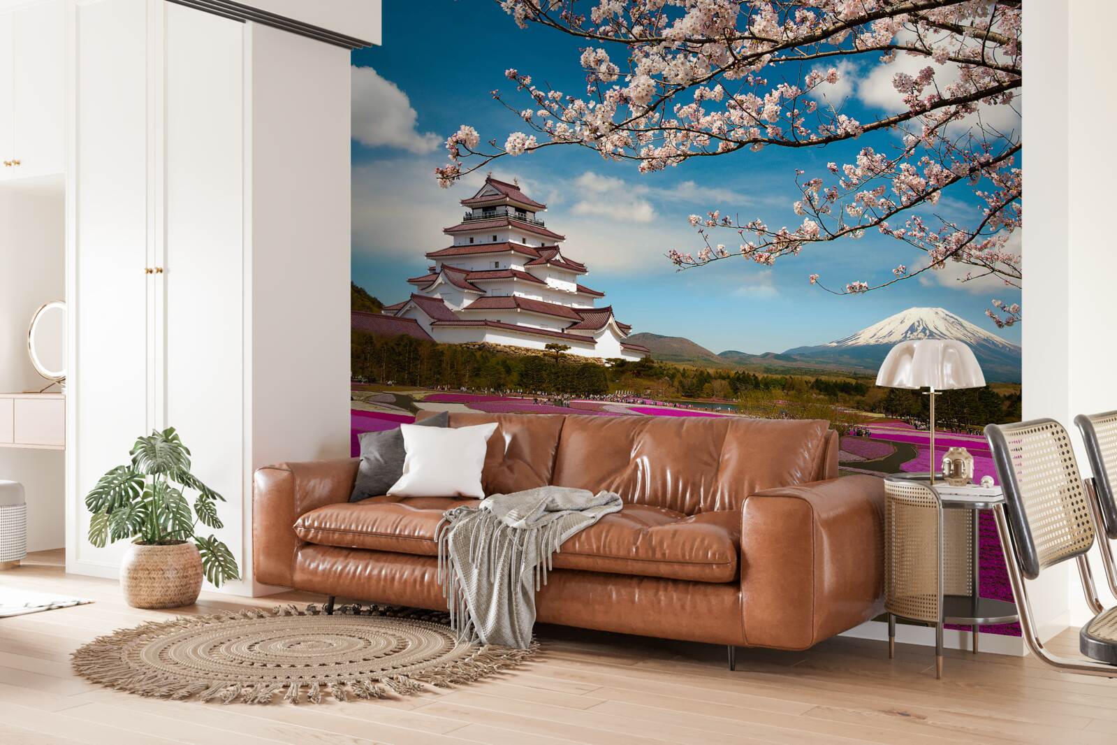 Fototapet lângă casa japoneză există grădini luxuriante de lalele