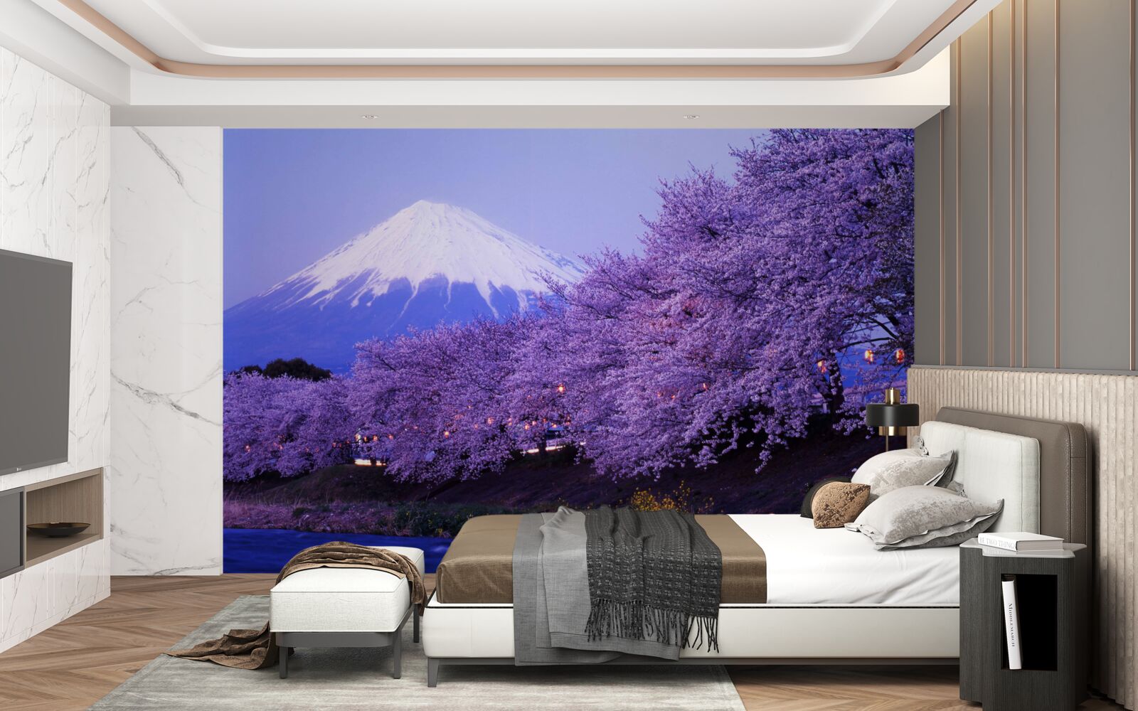 Fototapet copaci cu flori violete înflorite pe fundalul muntelui Fuji