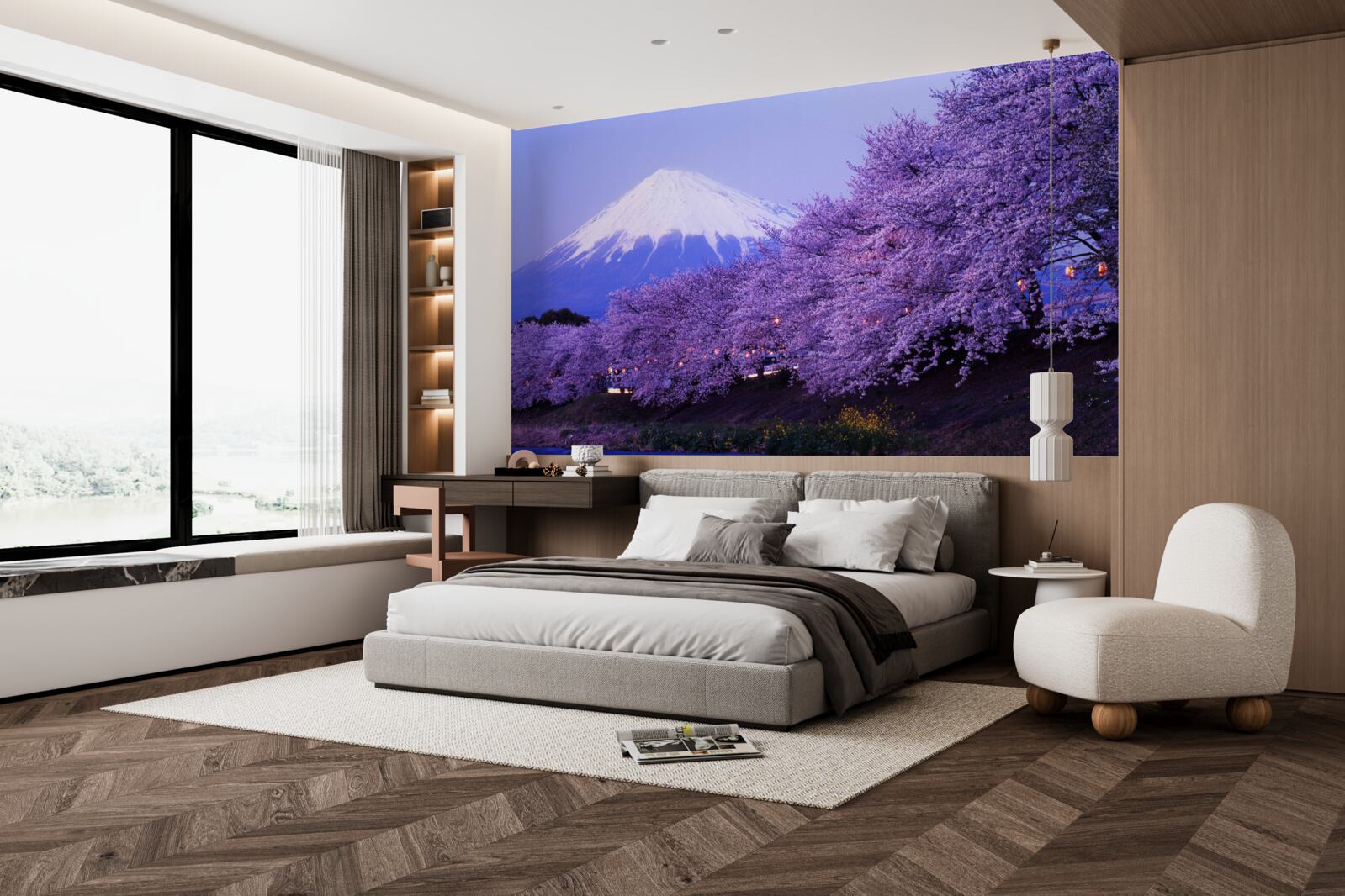 Fototapet copaci cu flori violete înflorite pe fundalul muntelui Fuji