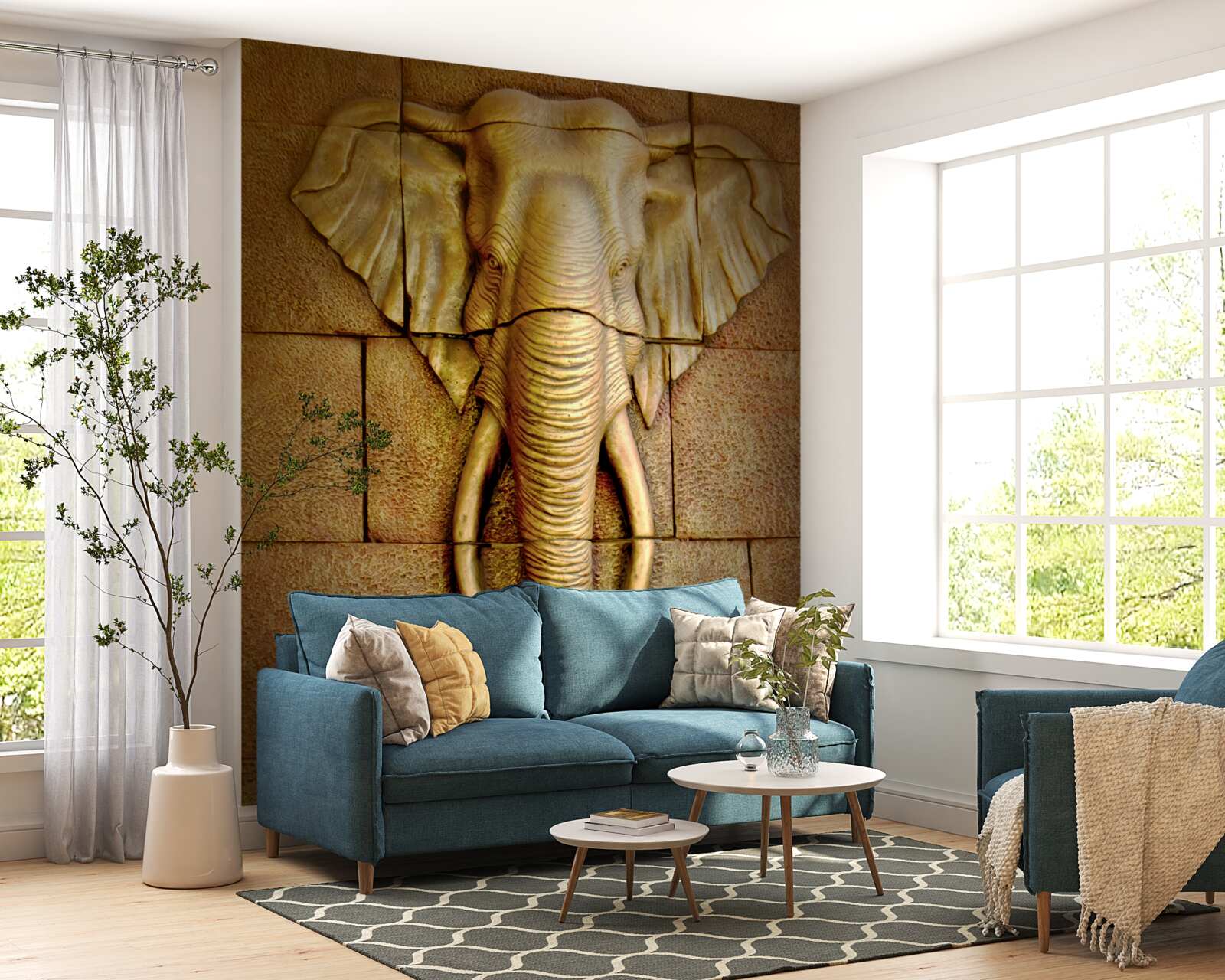 Fototapet imaginea unui elefant cu colți pe o suprafață de piatră