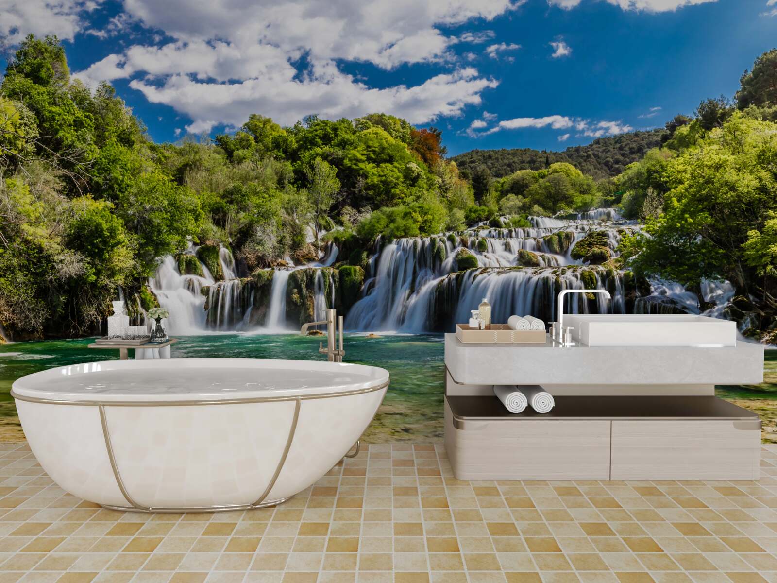Fototapet cascadă în mai multe cascade cu zone verzi