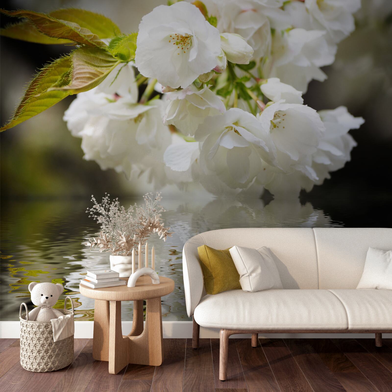 Fototapet flori sakura în tonuri albe se apleacă la suprafața apei
