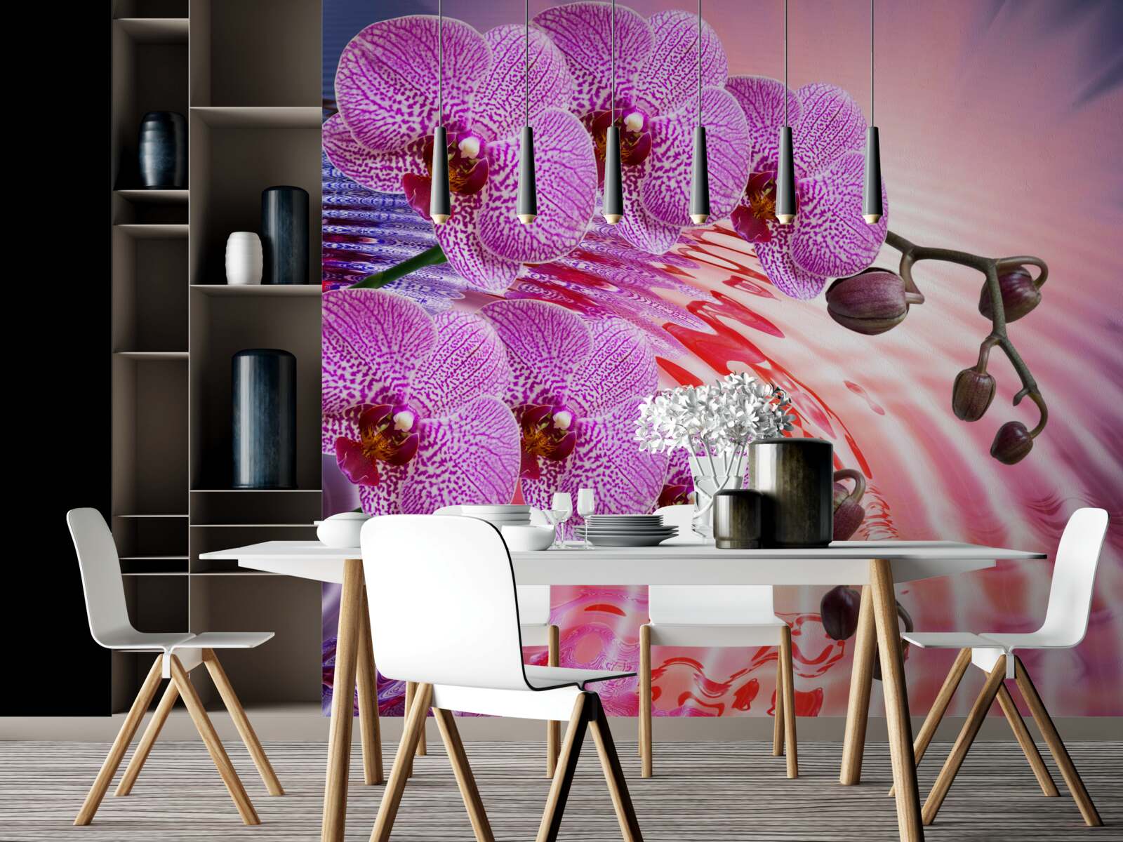 Fototapet reflecție a unei orhidee leopard cu ramuri de liliac