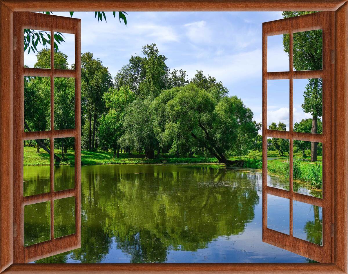 Fototapet peisaj natural panoramic în spatele ferestrei