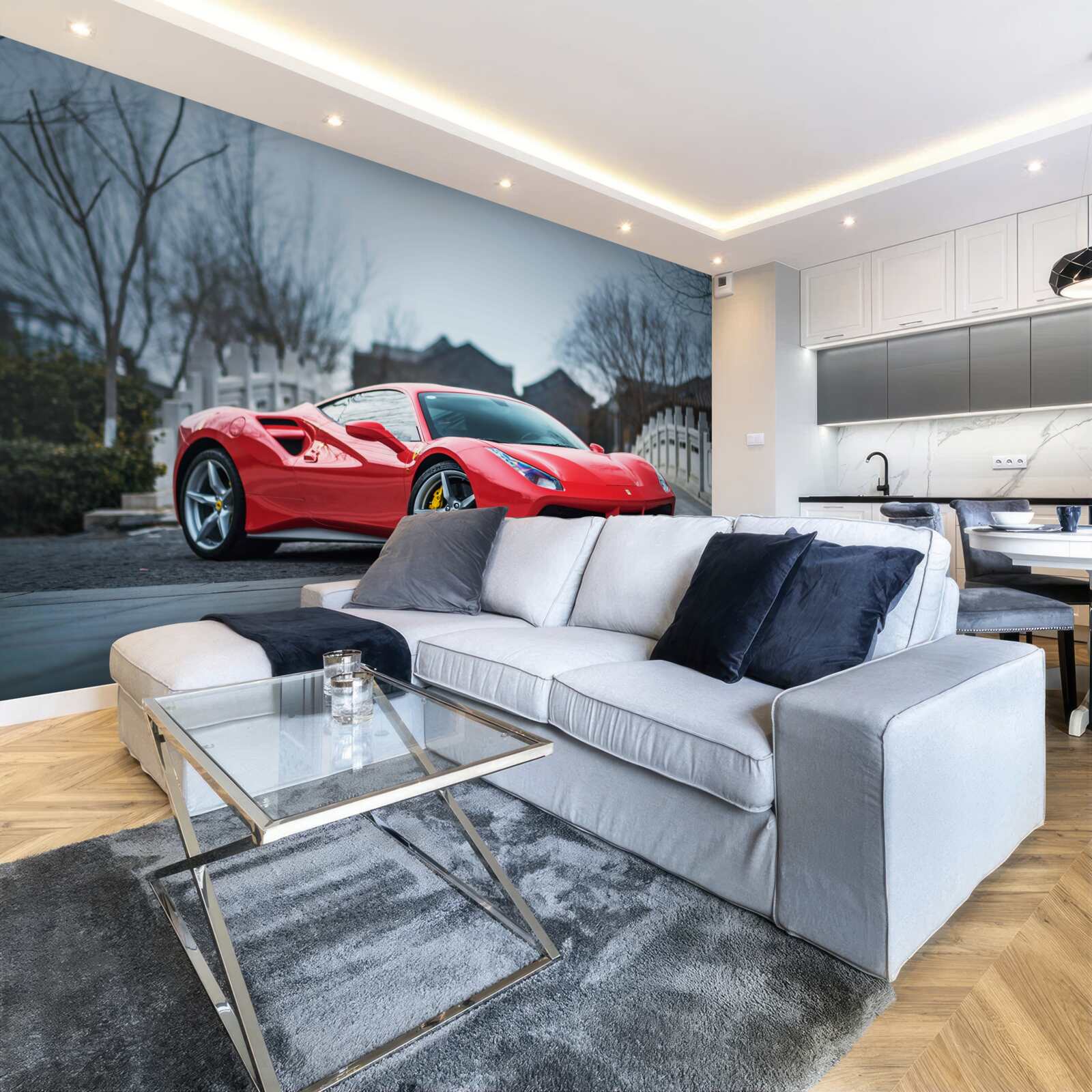 Fototapet un magnific ferrari roșu cărămiziu pe vreme ploioasă
