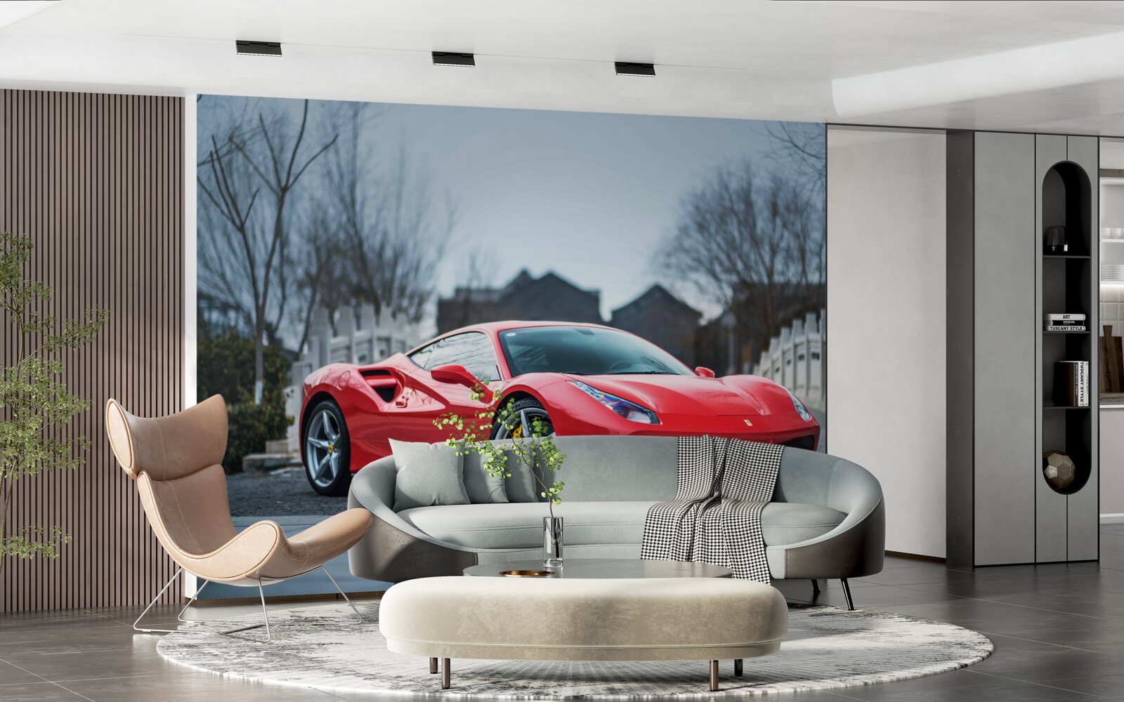 Fototapet un magnific ferrari roșu cărămiziu pe vreme ploioasă