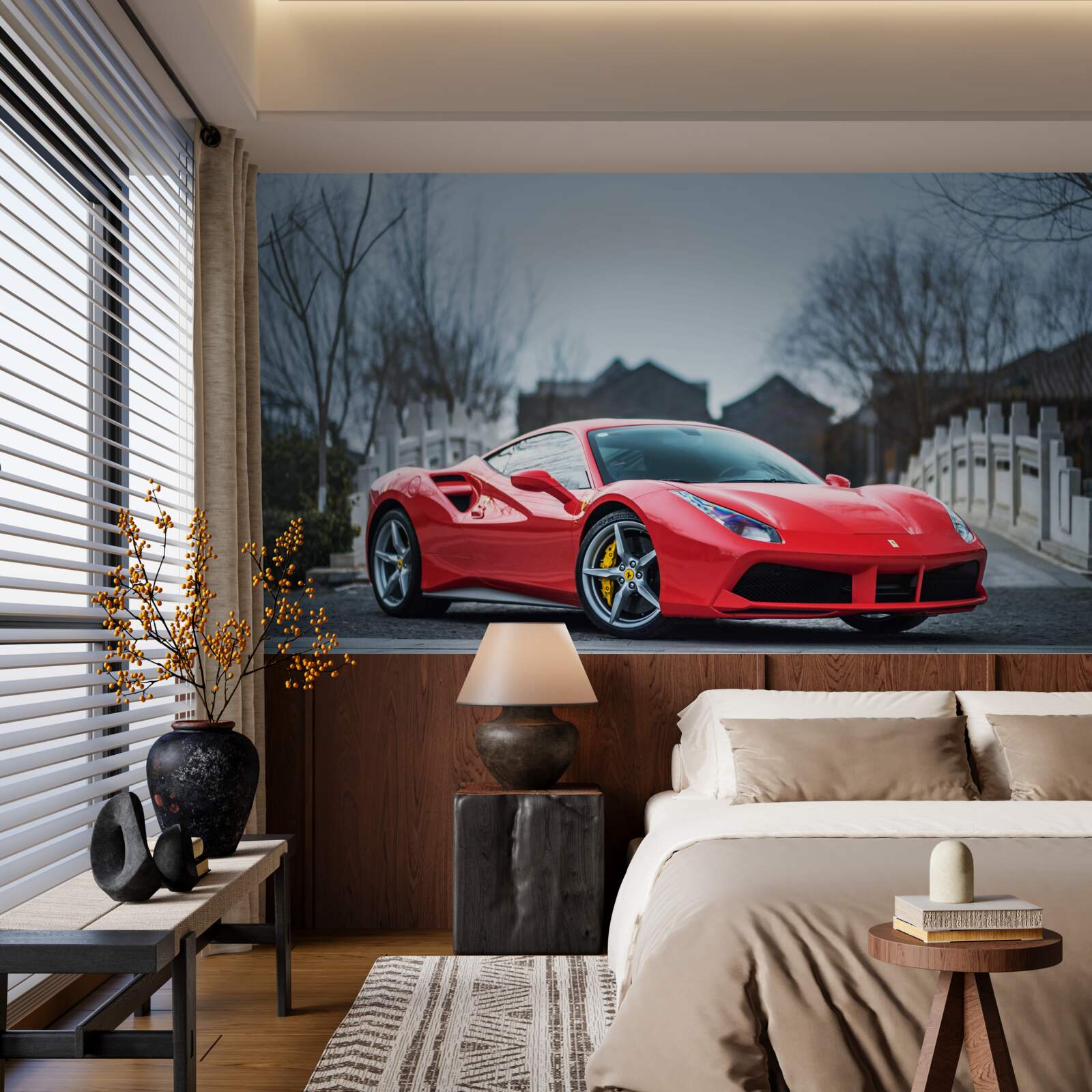 Fototapet un magnific ferrari roșu cărămiziu pe vreme ploioasă