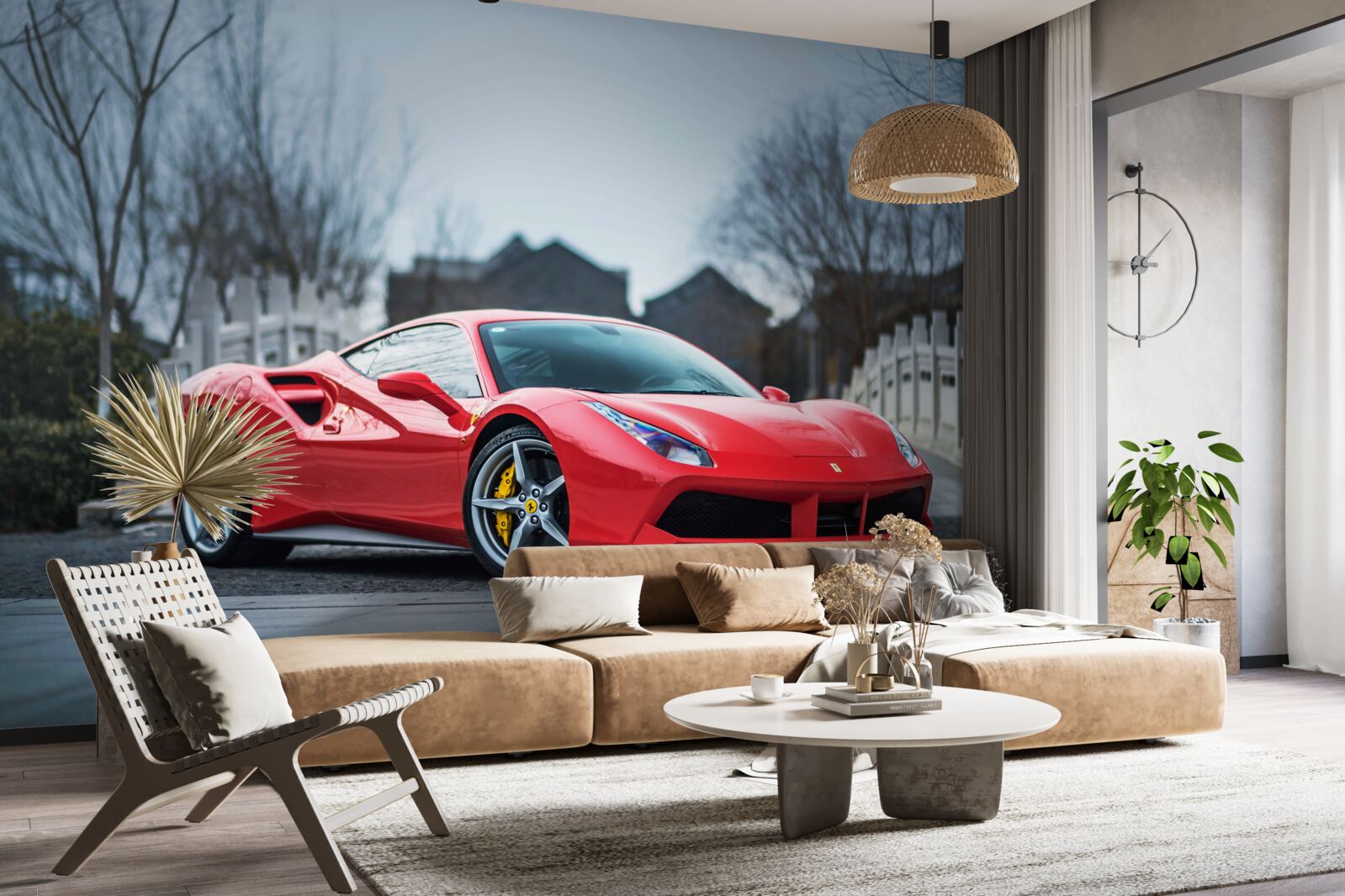 Fototapet un magnific ferrari roșu cărămiziu pe vreme ploioasă