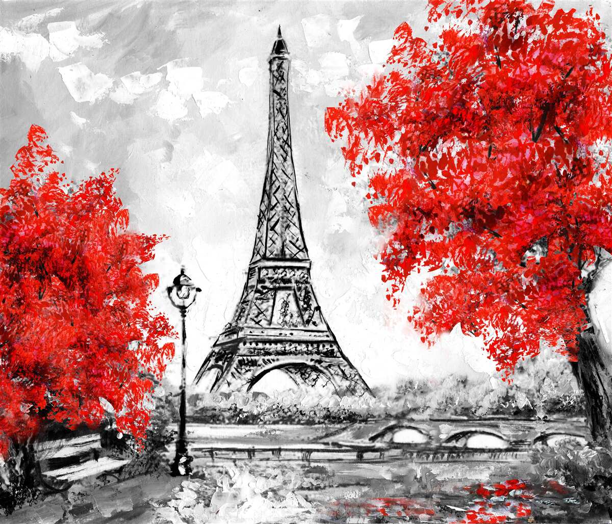 Fototapet copaci cu frunze roșii dense lângă turnul din Paris