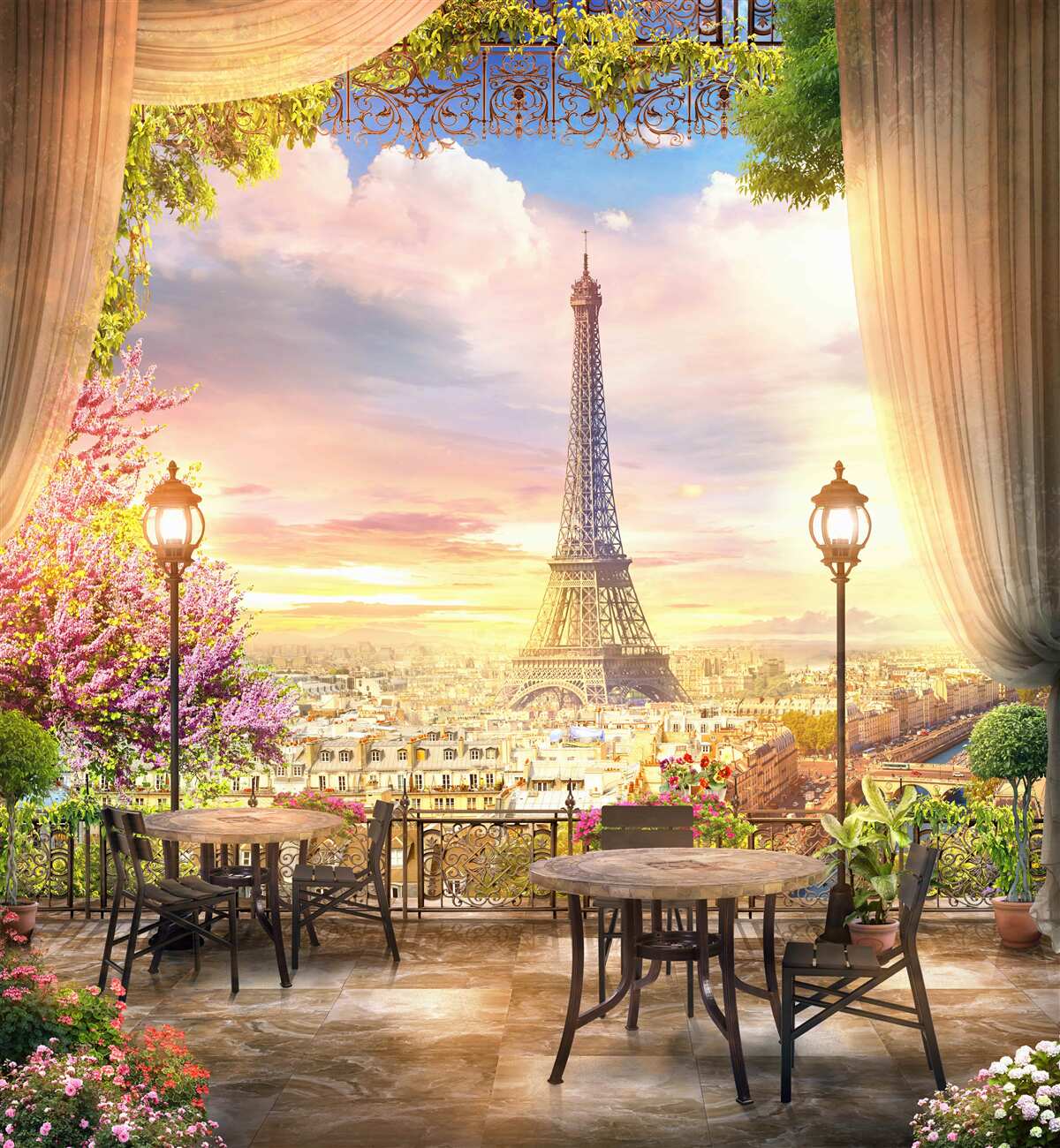 Fototapet măsuțele de cafea cu vedere la turnul eiffel creează o atmosferă confortabilă