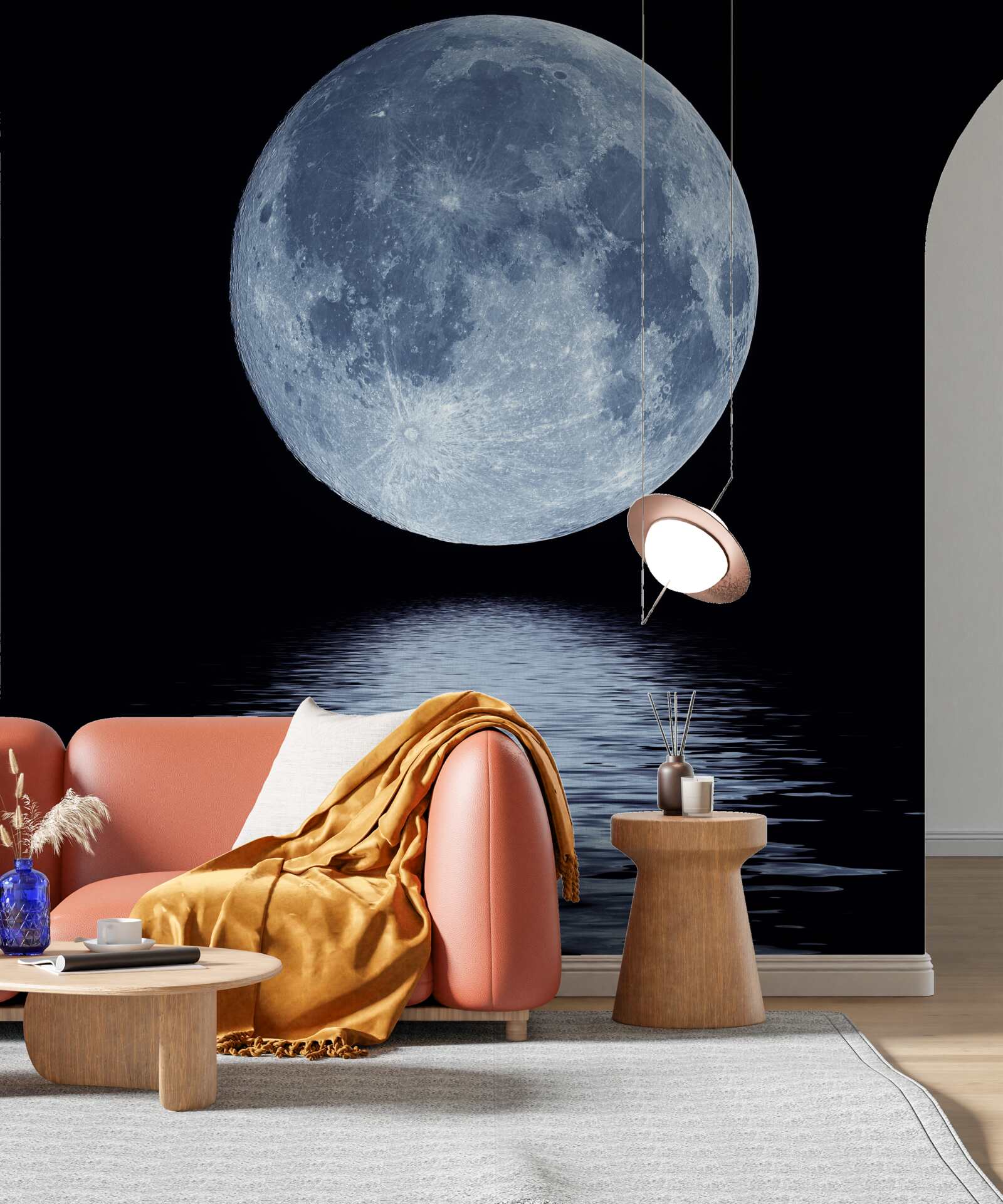 Fototapet luna plină este vizibilă în reflexia apei mării
