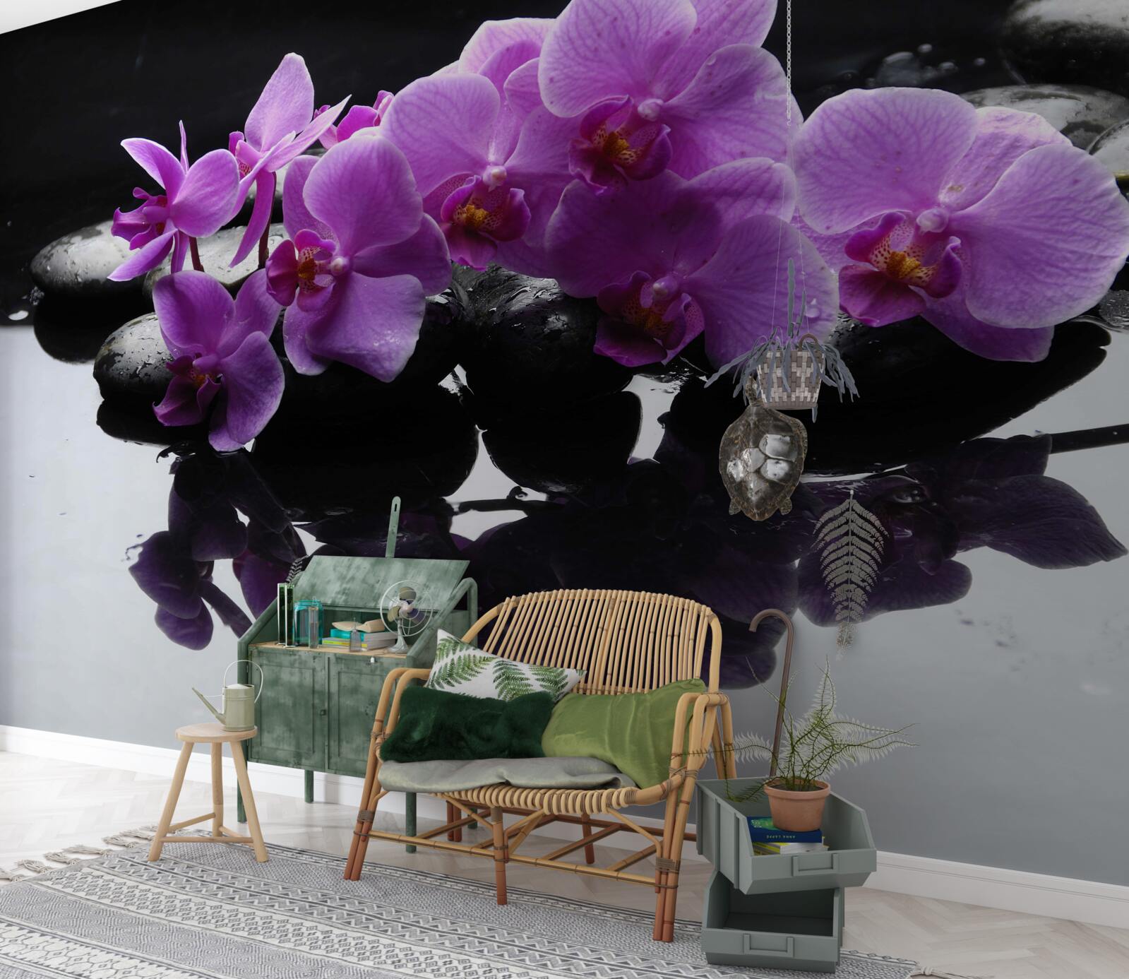 Fototapet orhidee liliac pe o piatră lângă apă