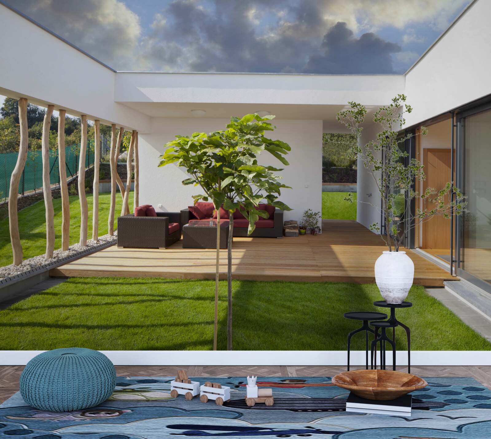 Fototapet design interior modern folosind elemente din lemn și plante