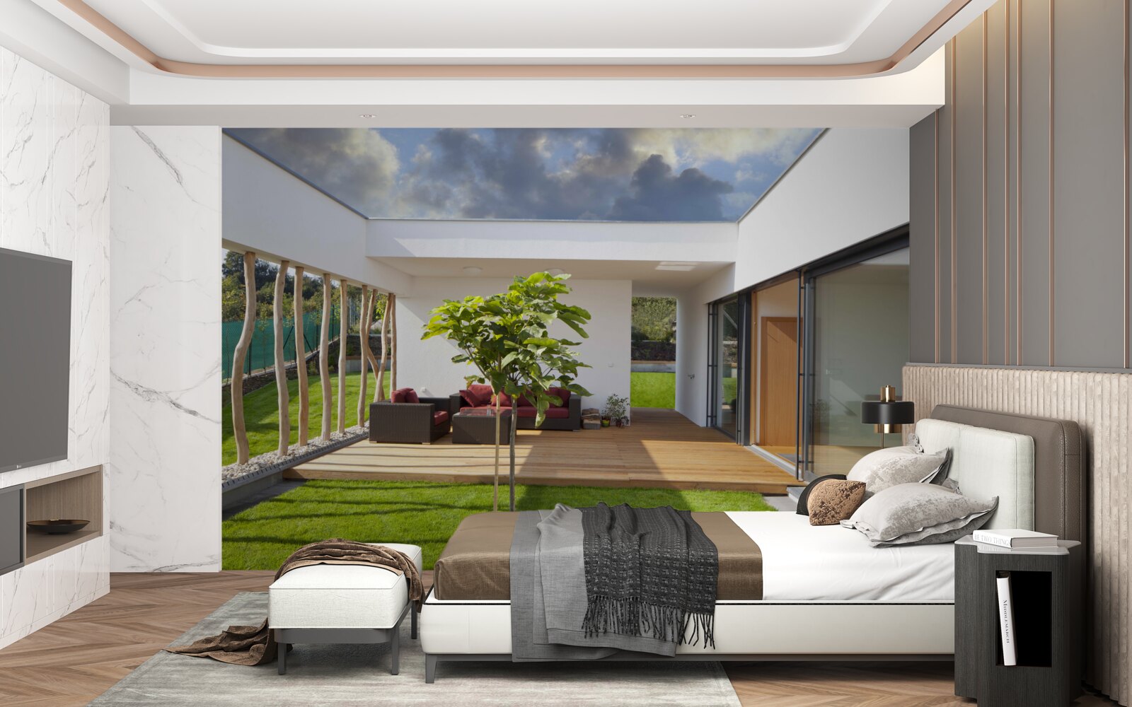 Fototapet design interior modern folosind elemente din lemn și plante