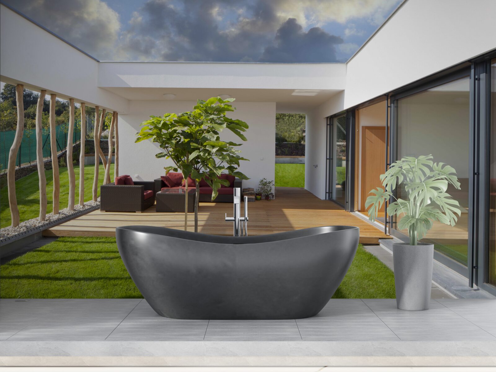 Fototapet design interior modern folosind elemente din lemn și plante