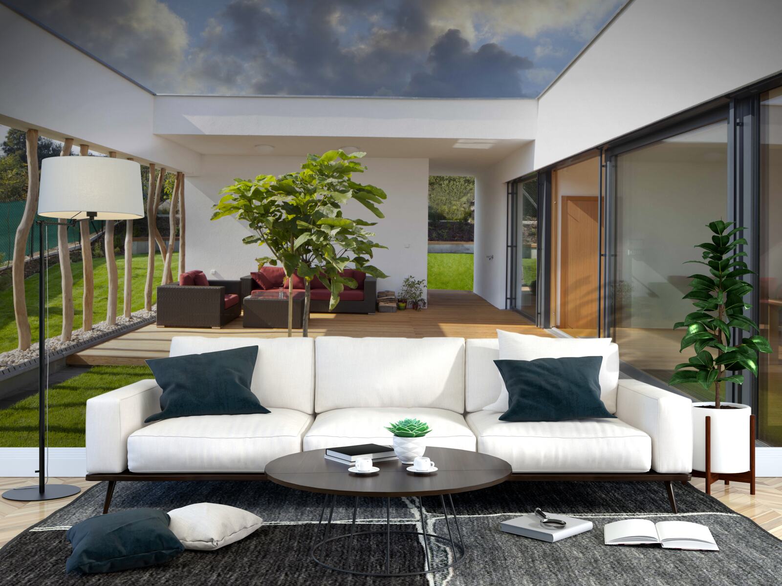 Fototapet design interior modern folosind elemente din lemn și plante