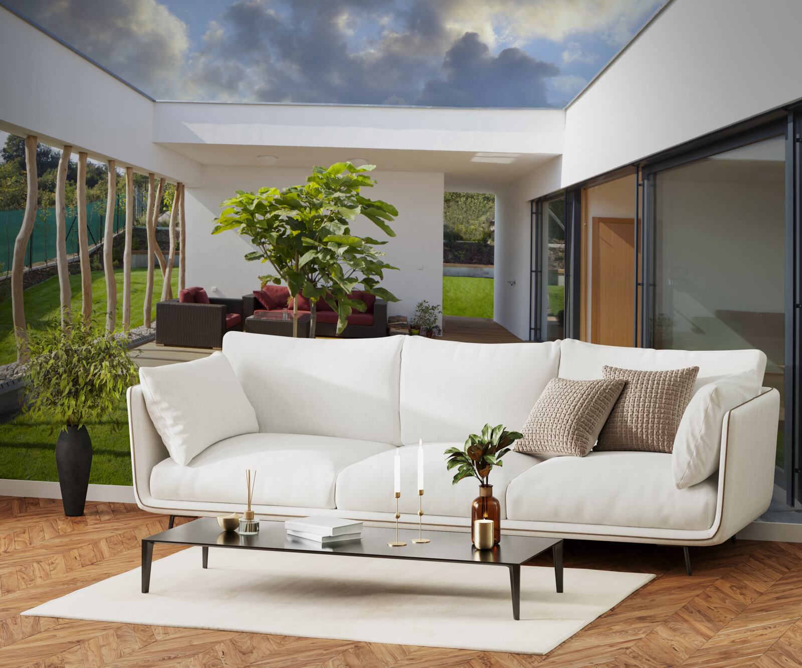 Fototapet design interior modern folosind elemente din lemn și plante