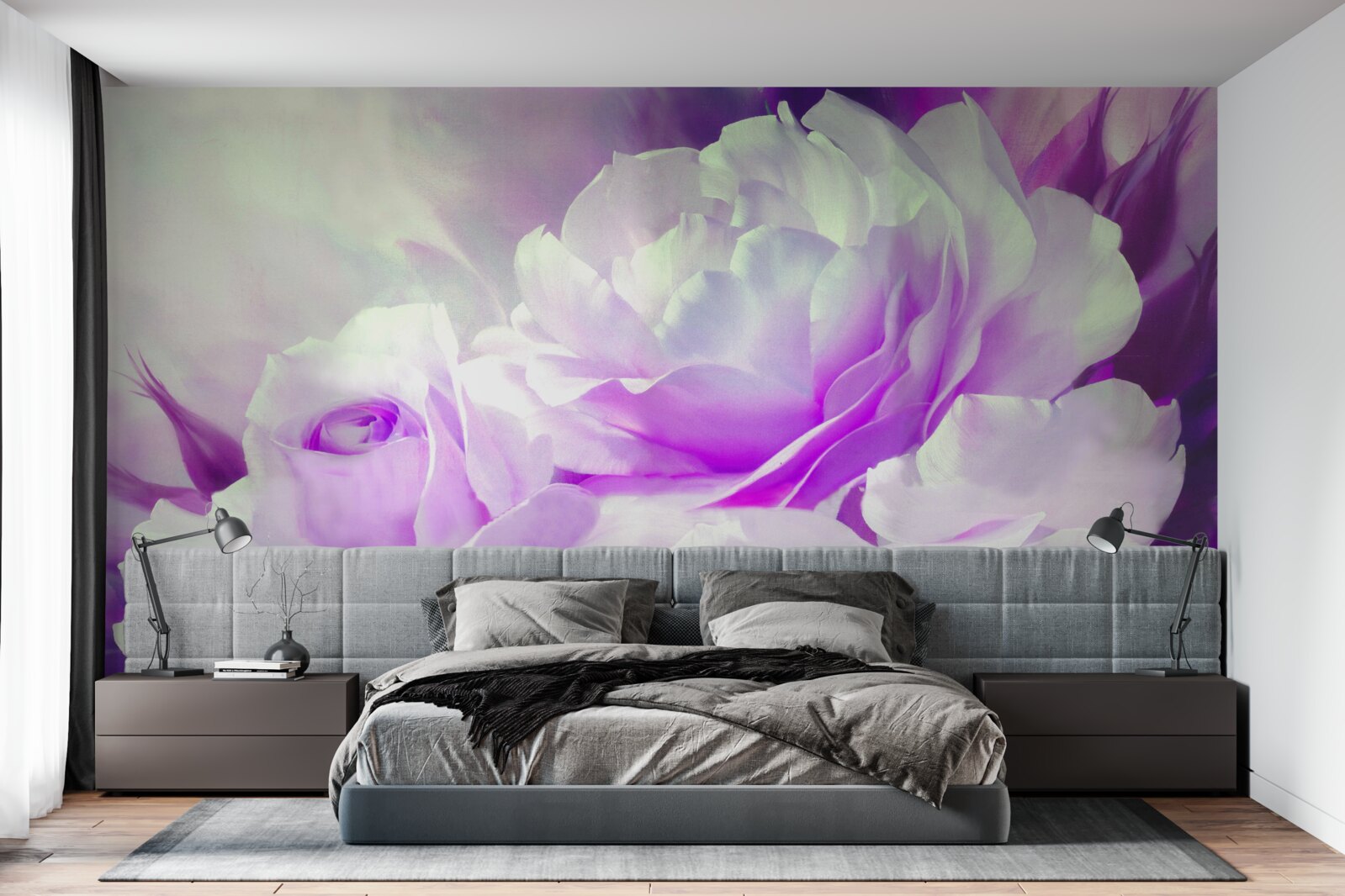 Fototapet florile sunt albe cu accente de liliac și sclipiri