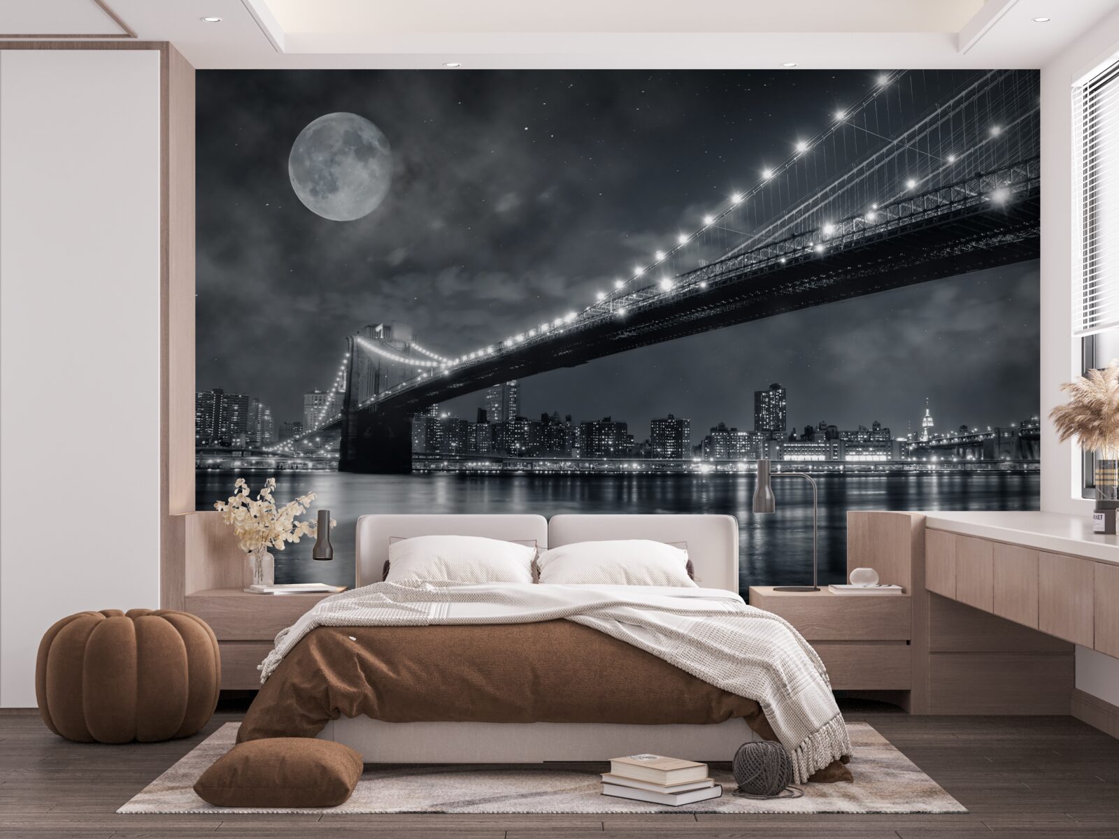 Fototapet noaptea și podul manhattan luminat