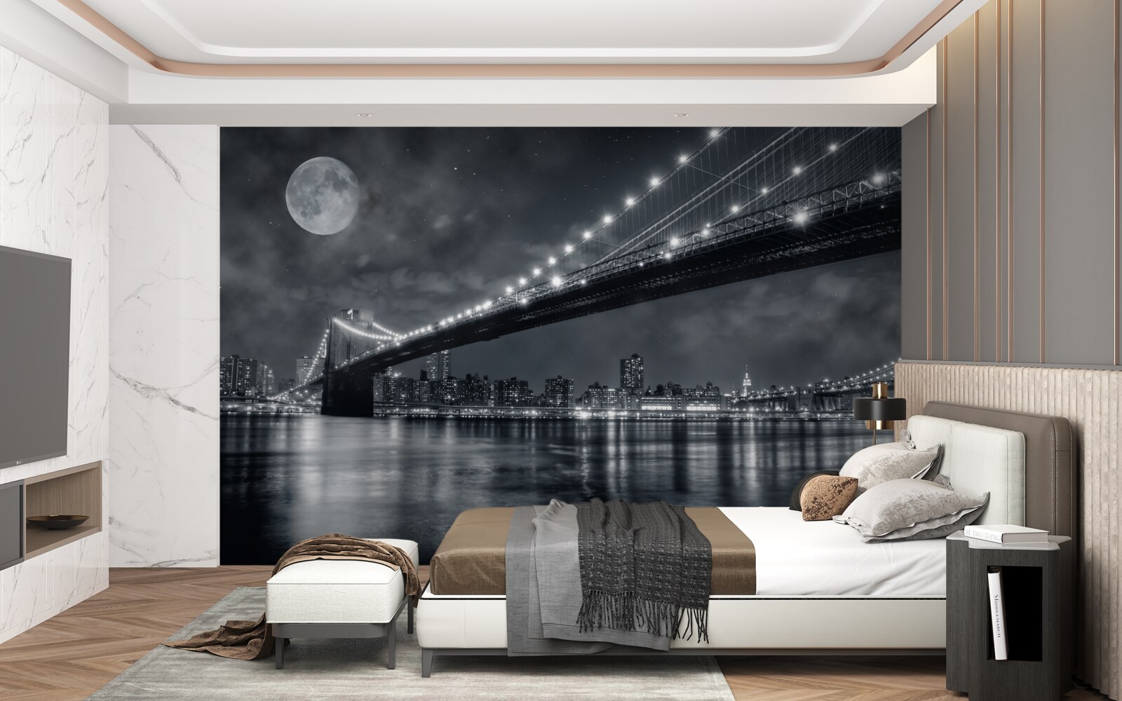 Fototapet noaptea și podul manhattan luminat