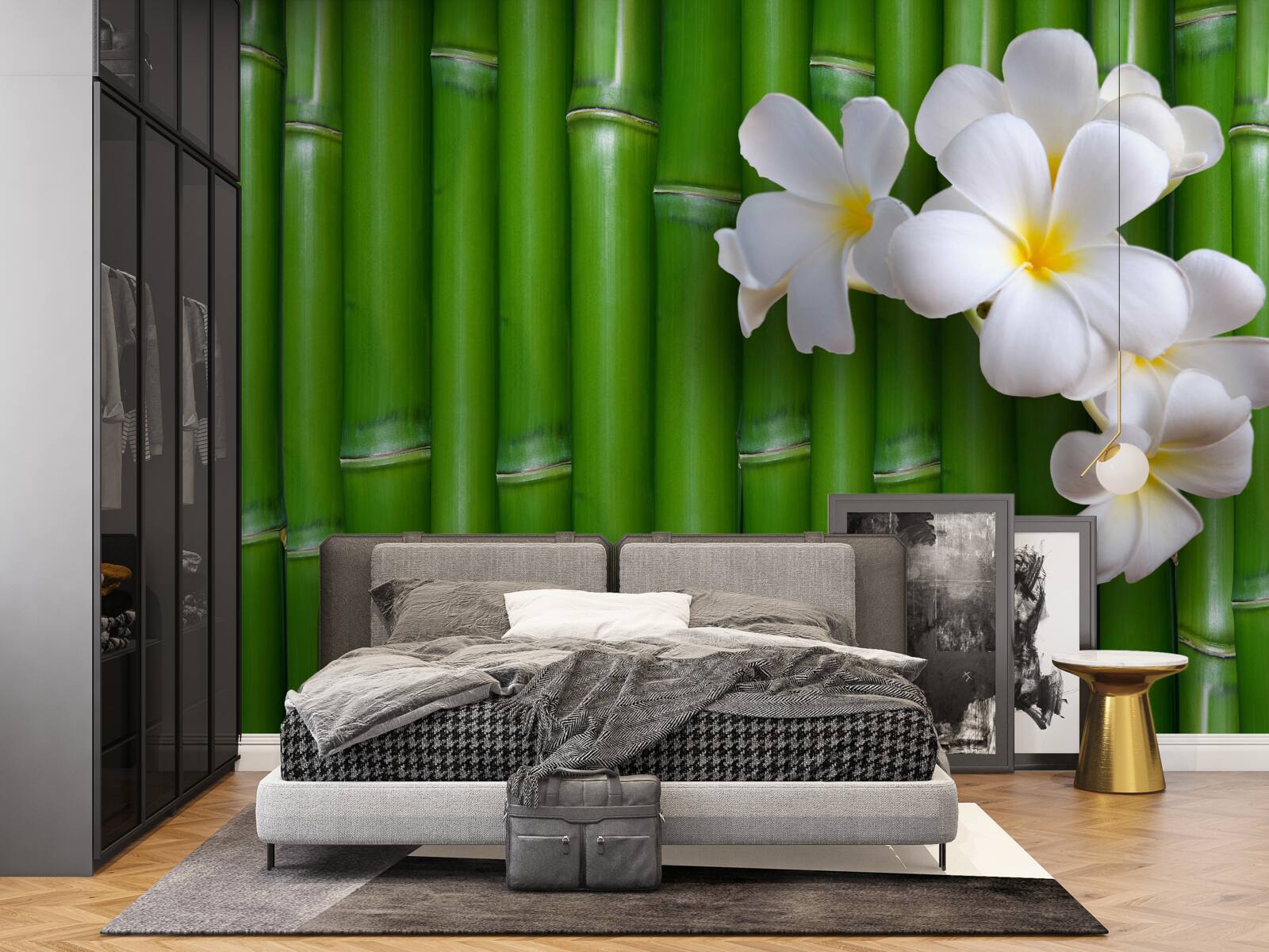 Fototapet flori luminoase pe bambus verde înalt