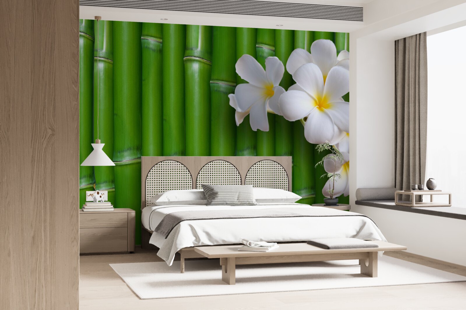Fototapet flori luminoase pe bambus verde înalt