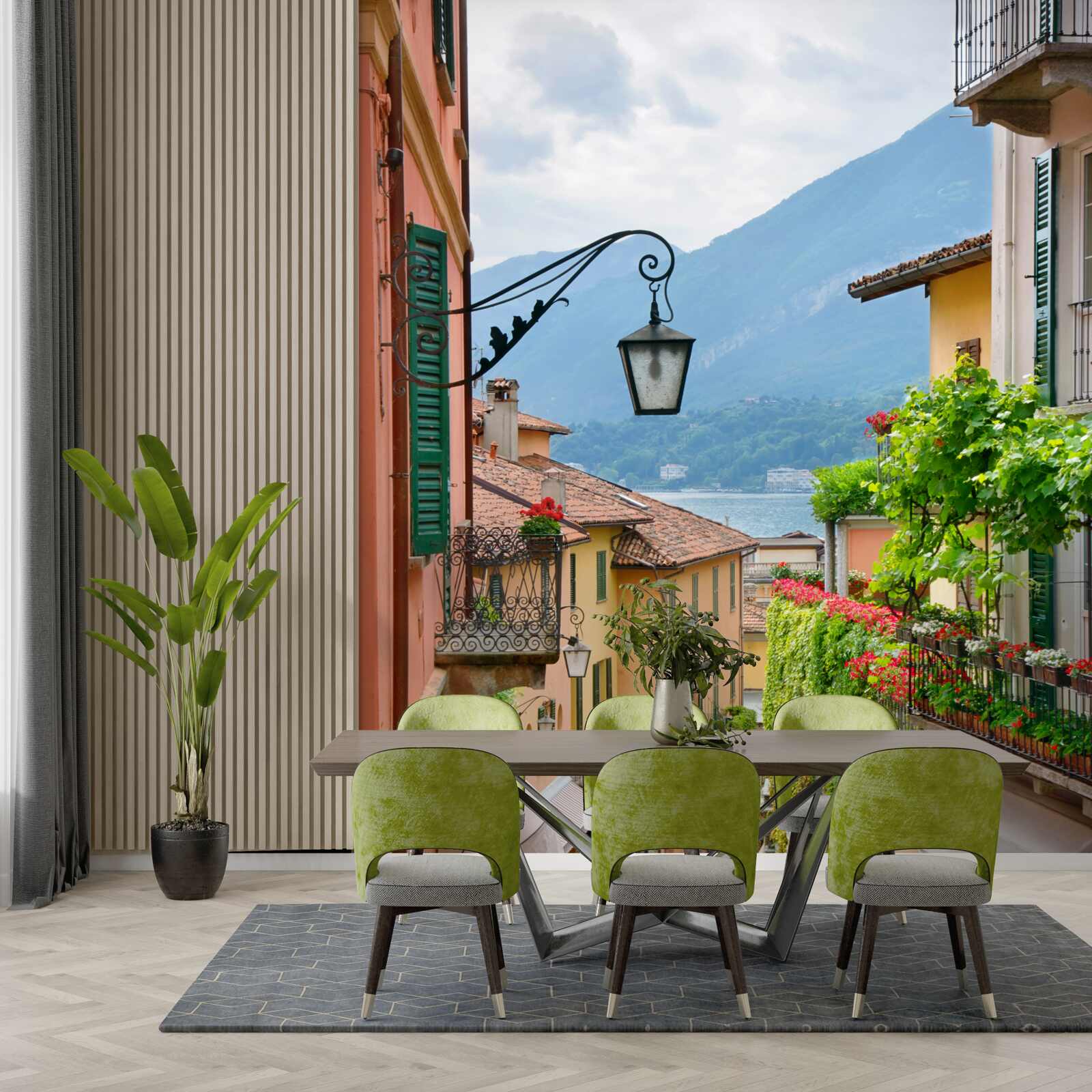 Fototapet stradă care duce spre mare, decorată cu flori și verdeață