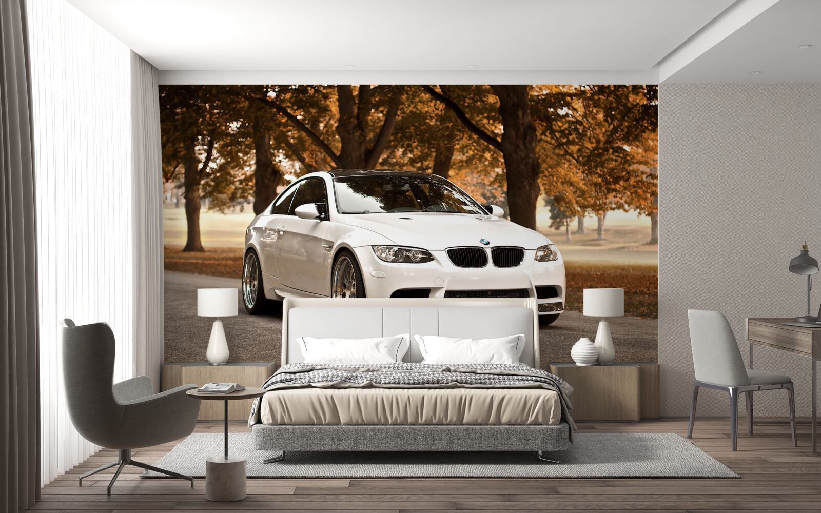 Fototapet un bmw alb conduce pe șosea în toamnă